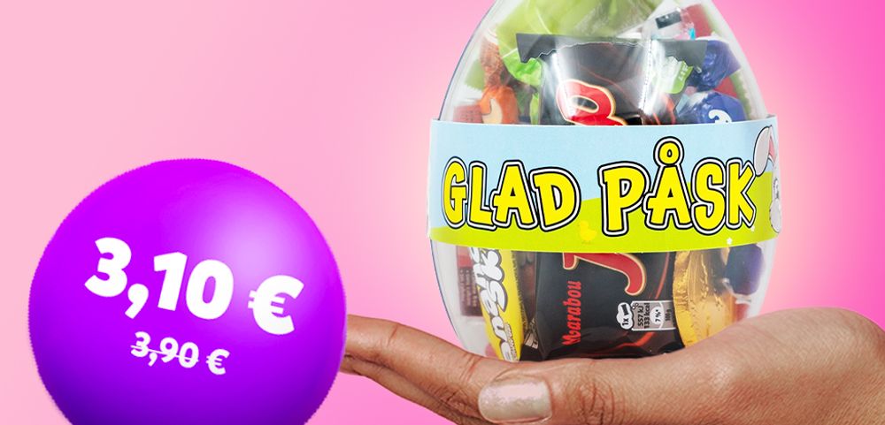 Pääsiäismuna karkeilla 3,10 €, normaalihinta 3,90 €