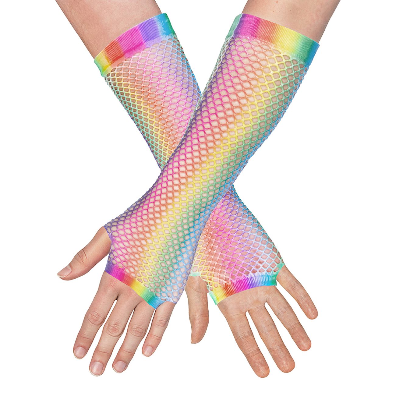 80-tals UV Fingerlösa Näthandskar Långa Regnbåge Neon
