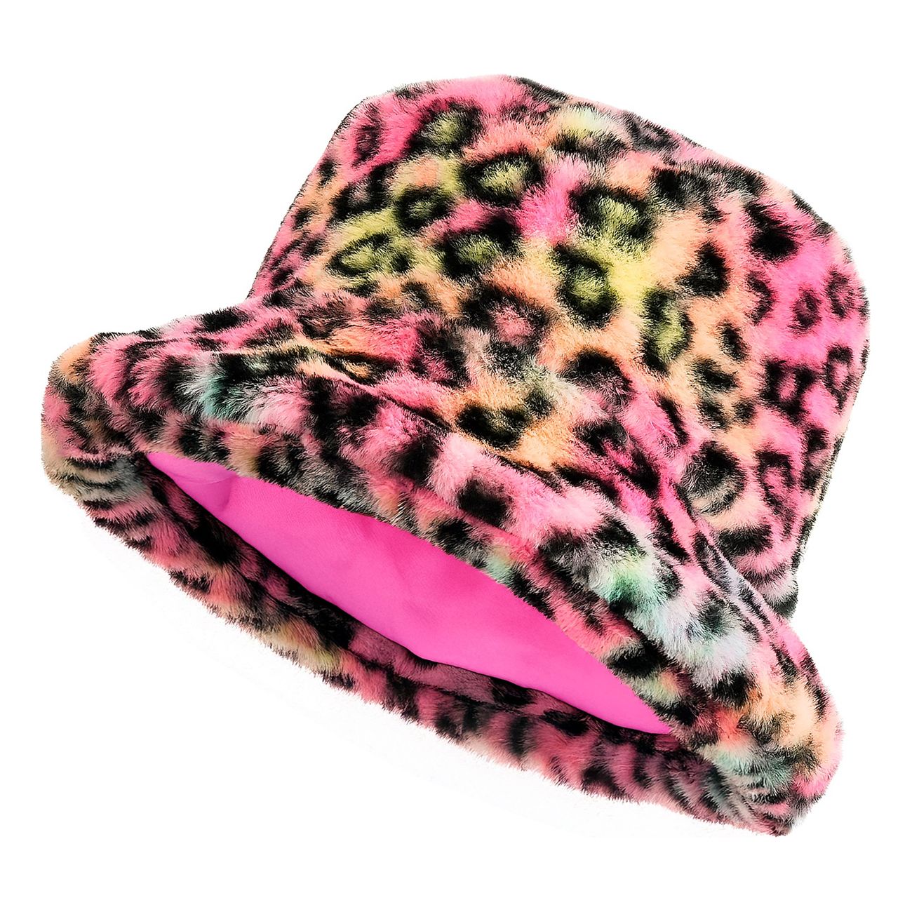 Bucket Hat i Plysch Leopard Rosa