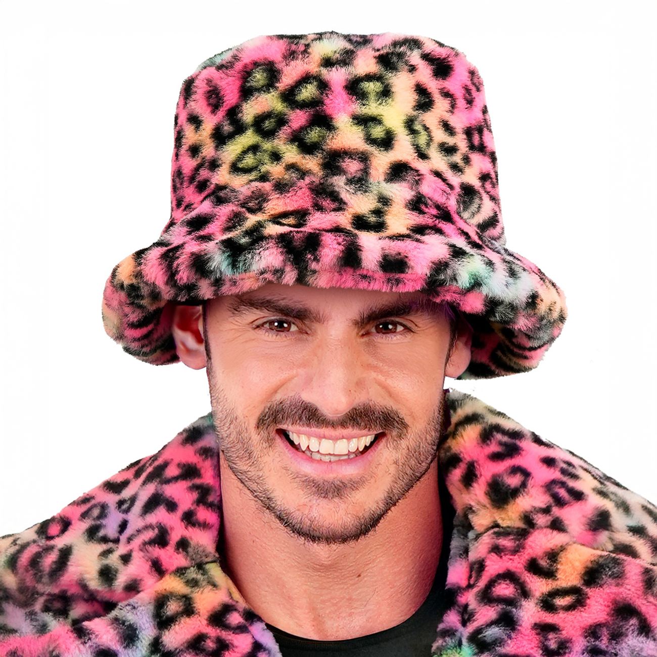 Bucket Hat i Plysch Leopard Rosa