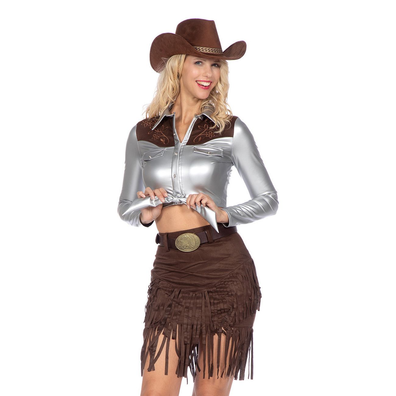 Cowgirl med Kjol Silver/Brun Deluxe Maskeraddräkt