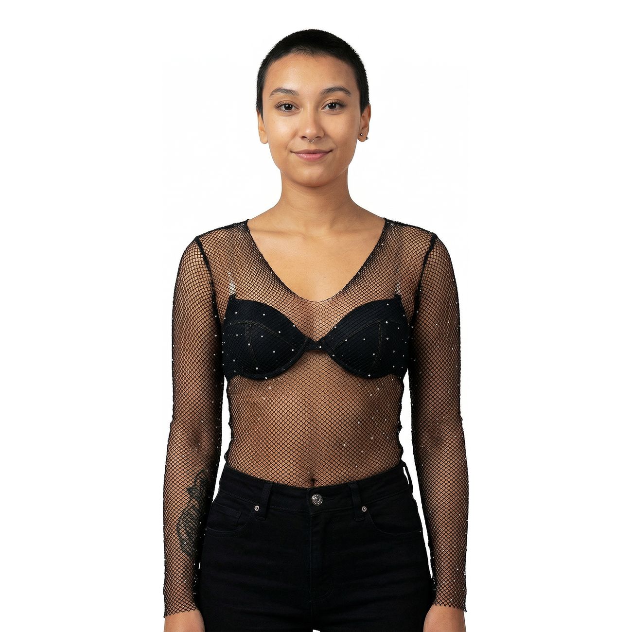 Fishnet Body Langærmet med Strass