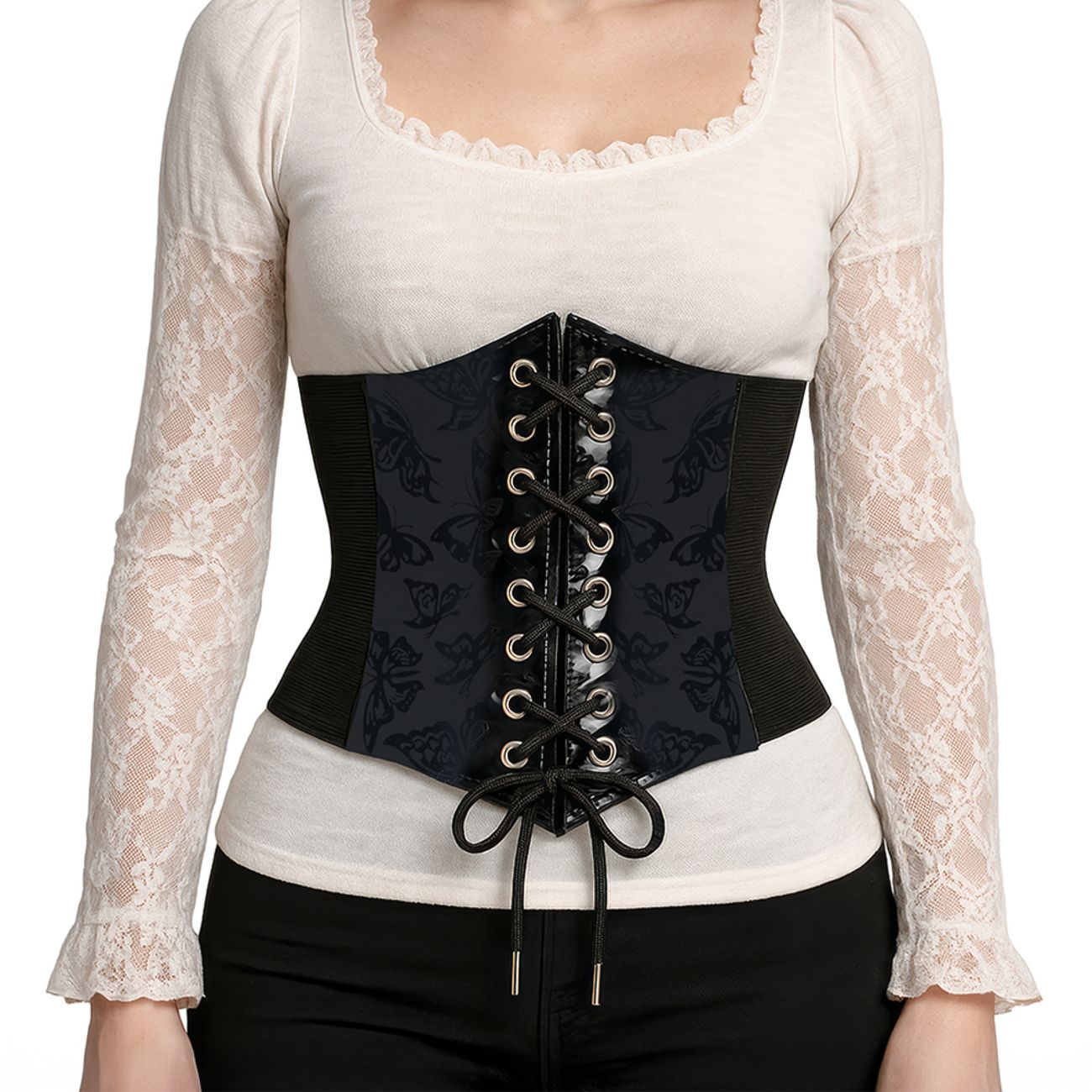 Midjekorsett Svart Fjärilar med Snörning