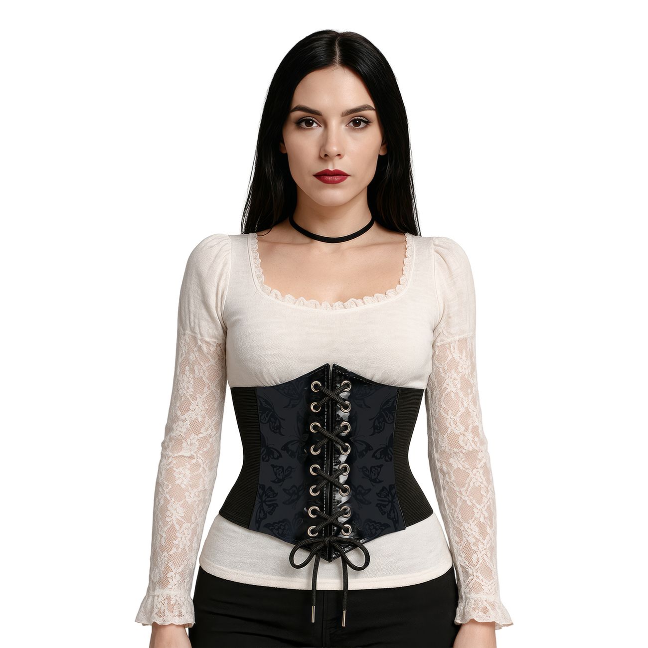 Midjekorsett Svart Fjärilar med Snörning