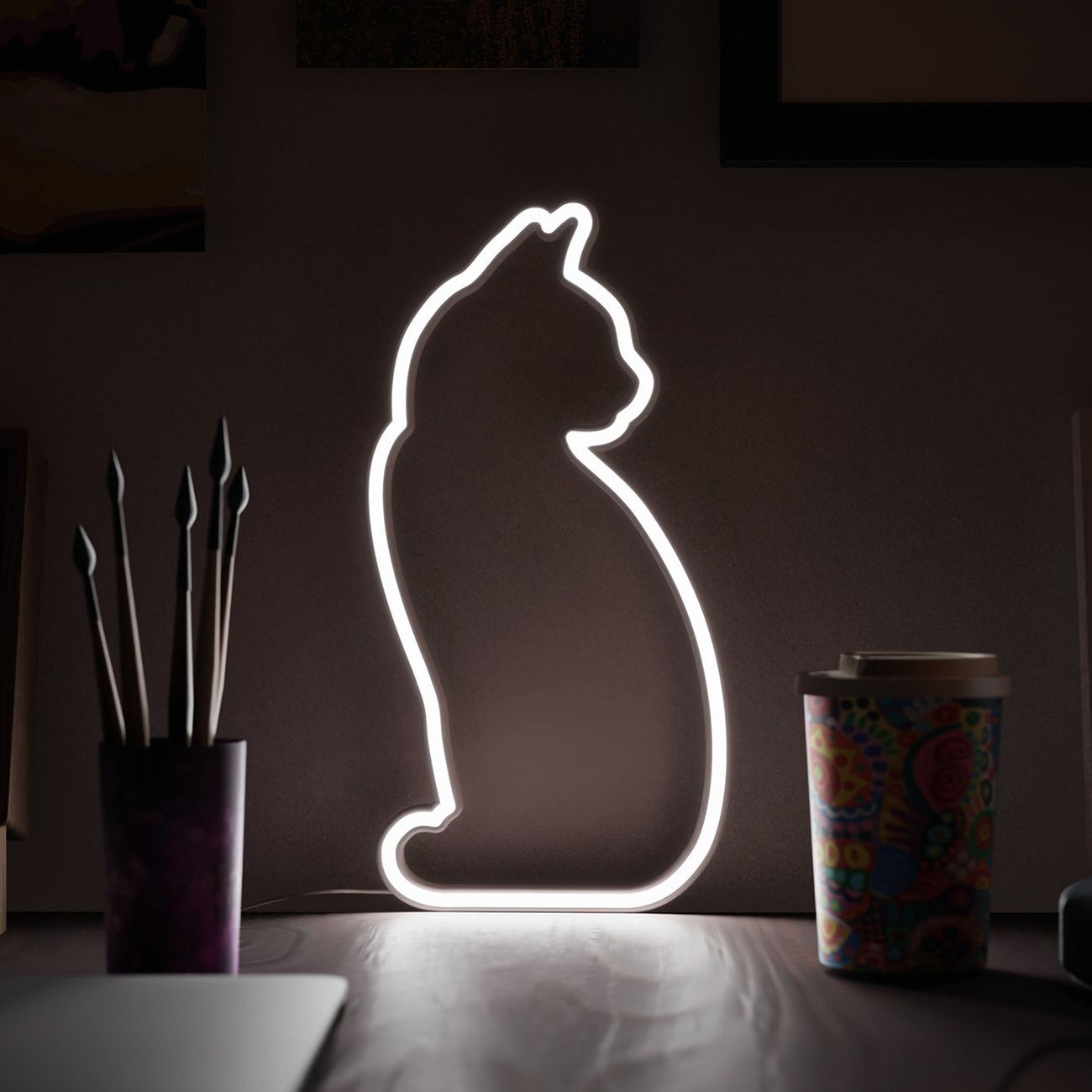 Mustard LED-lampa Katt Neon