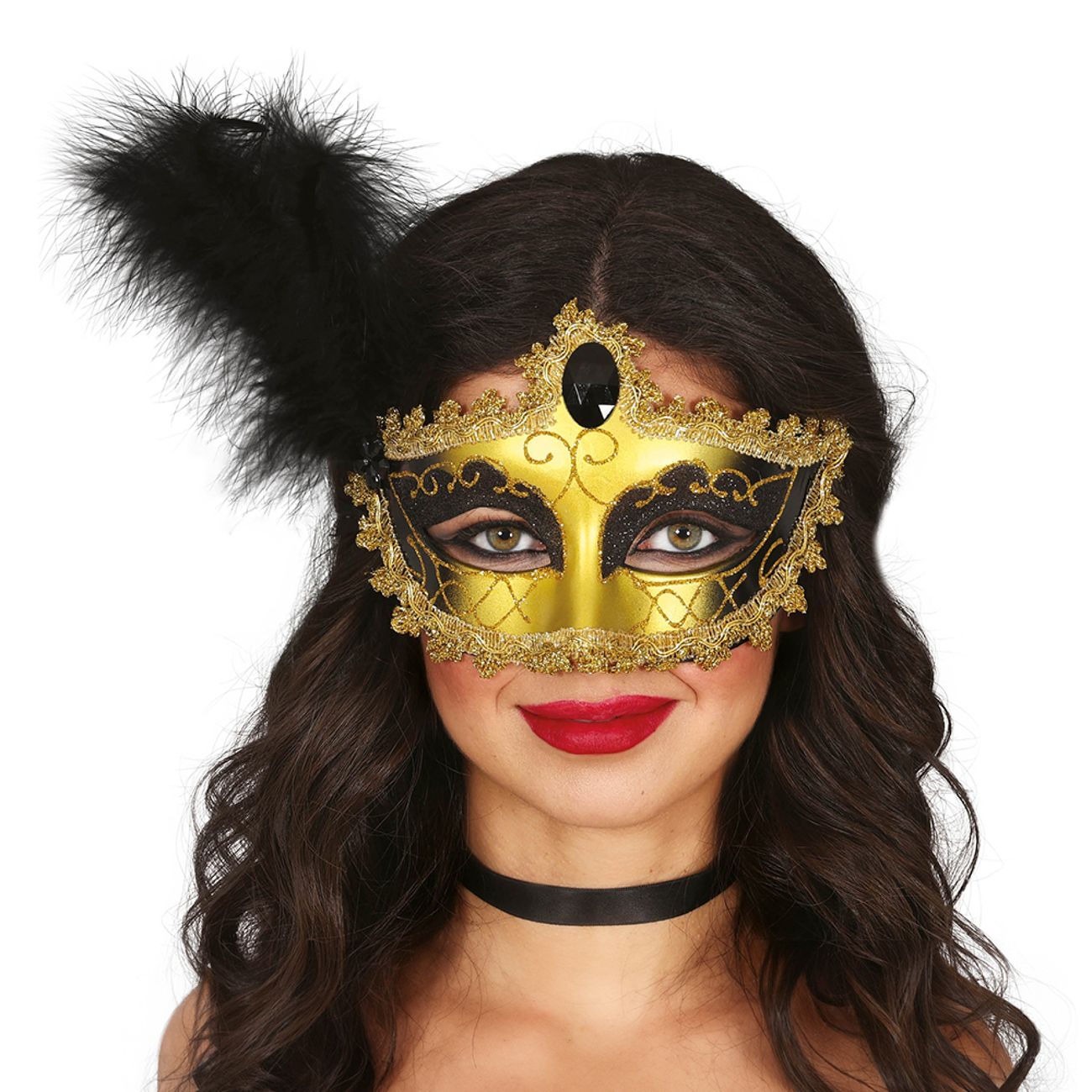 Ögonmask Svart/Guld med Fjäder
