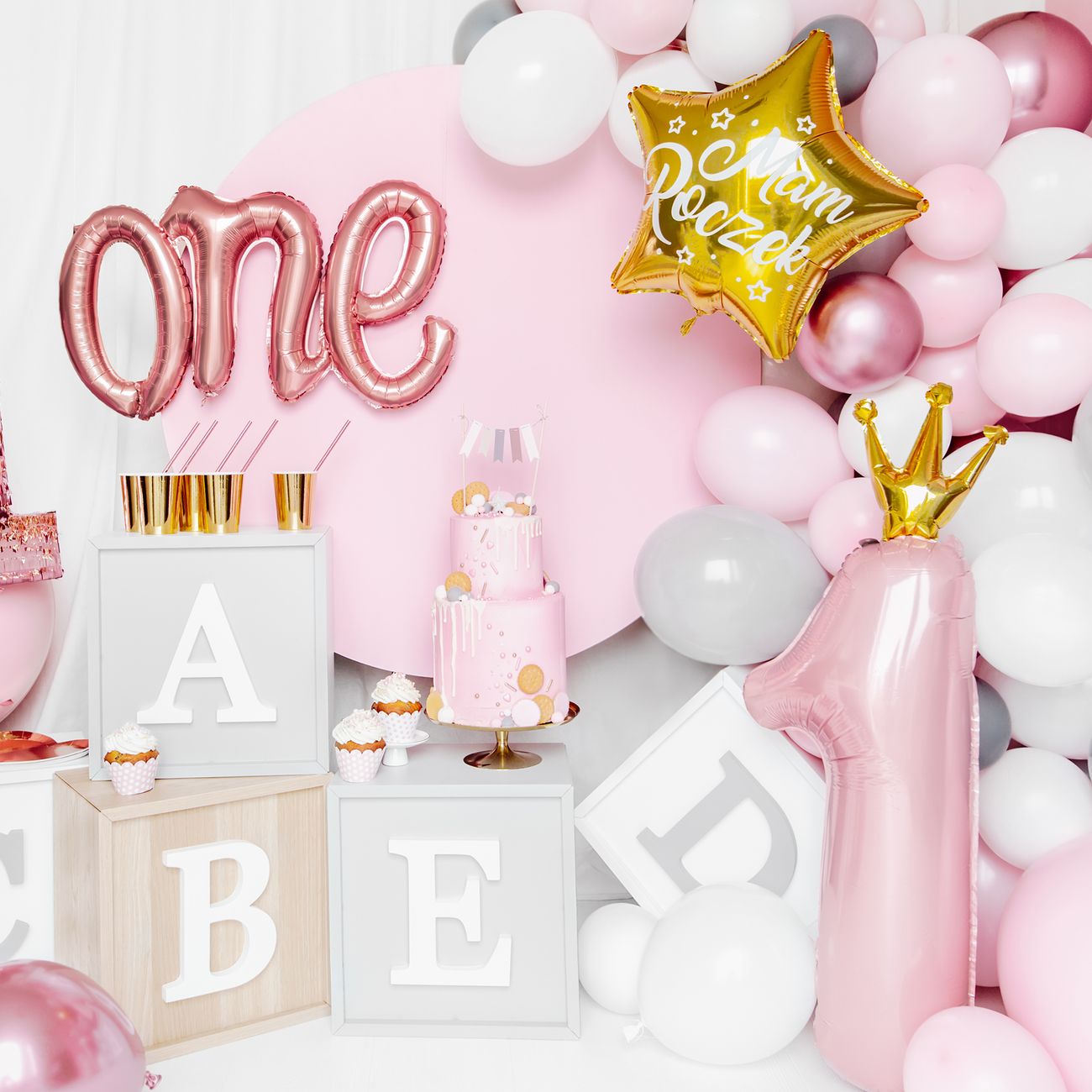 Vaaleanpunainen Numeroilmapallo 1 Kruunulla