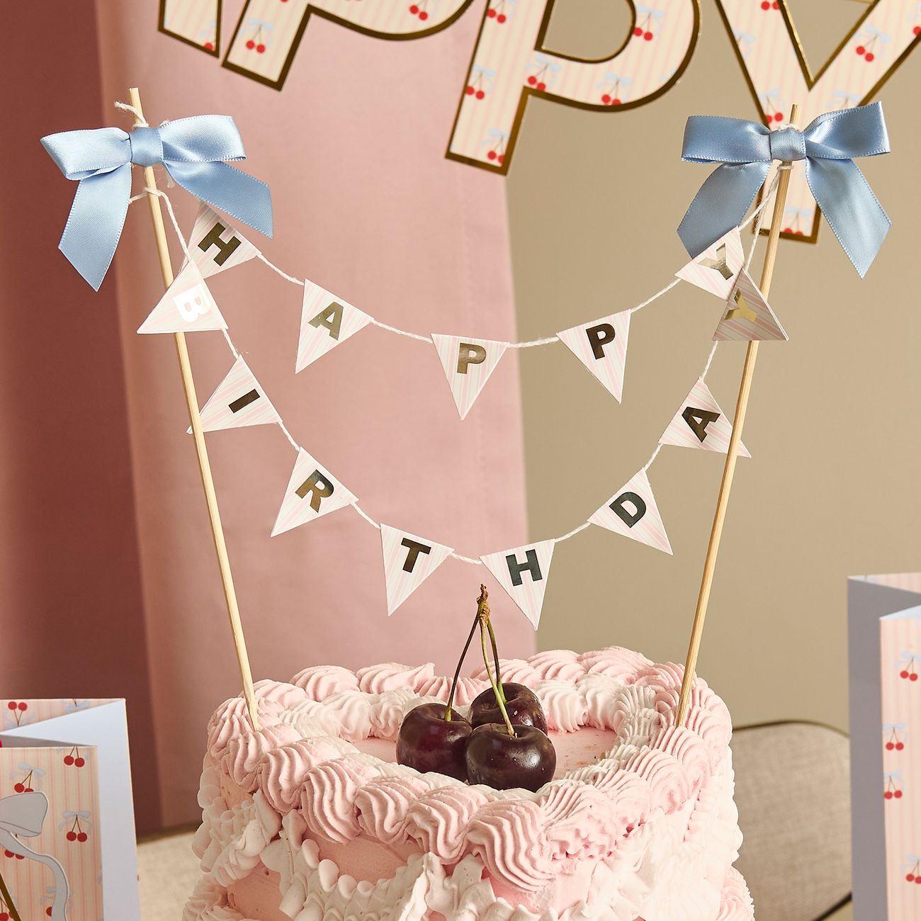 Tårtdekoration Happy Birthday Rosett Blå