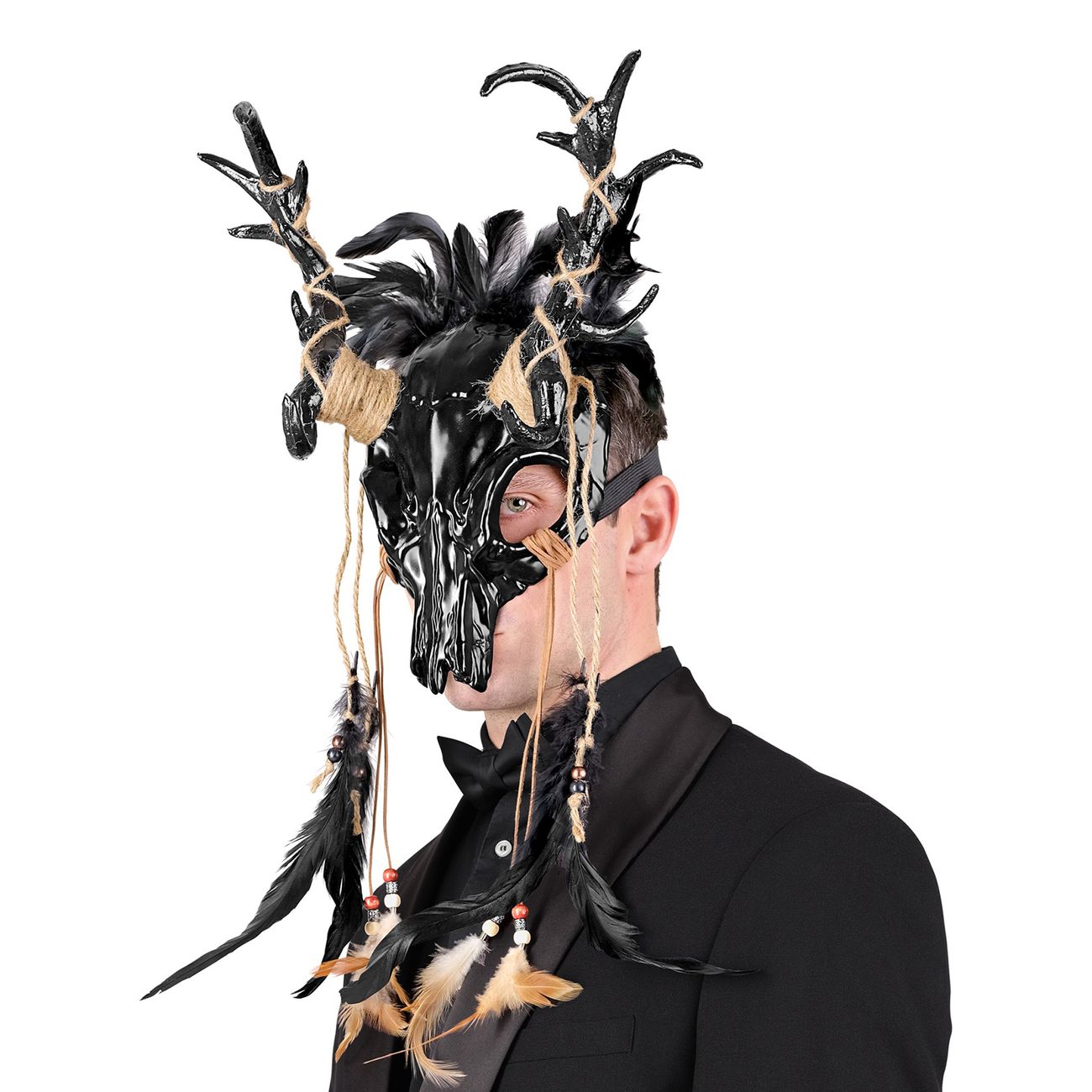 Tjurskalle Svart med Fjädrar Mask