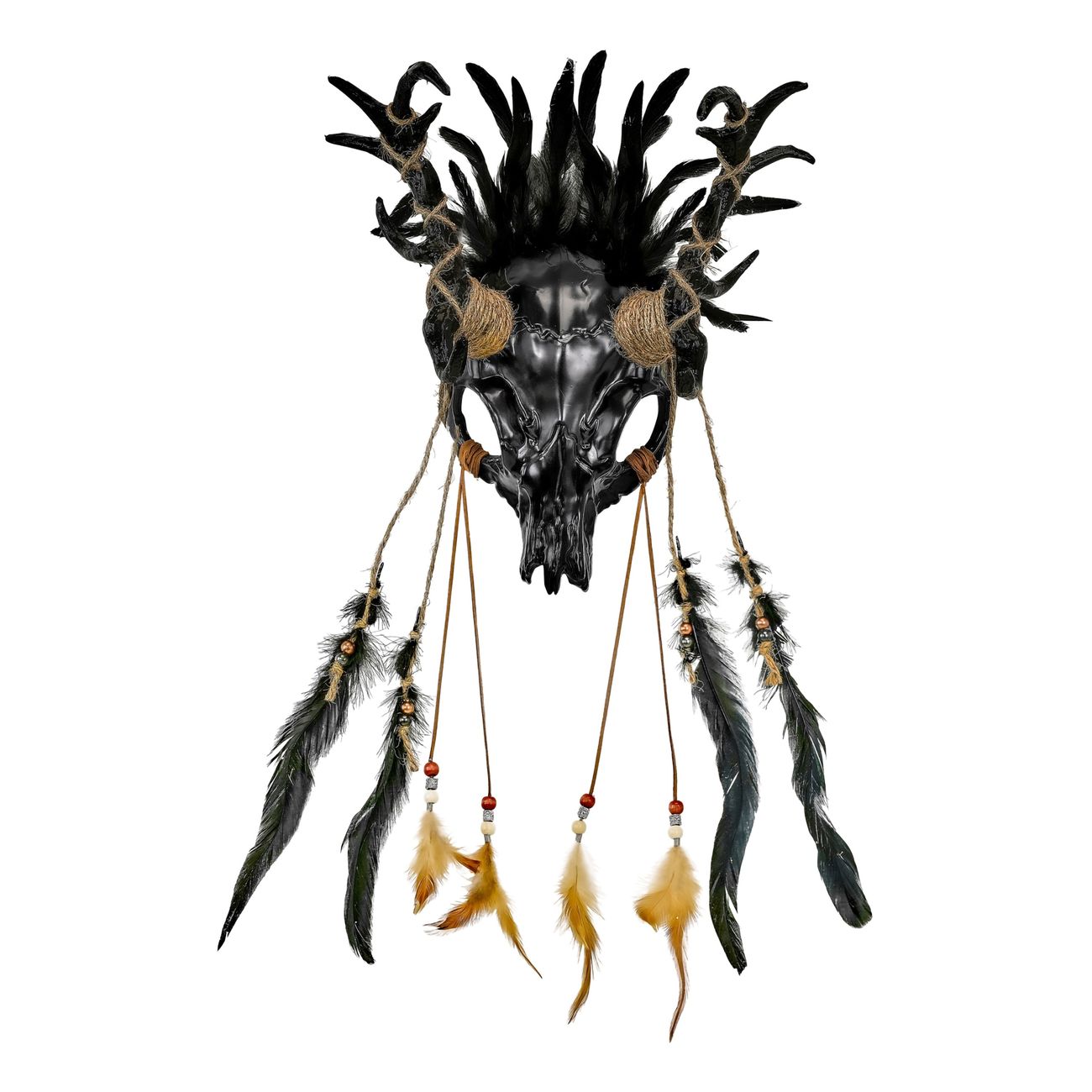 Tjurskalle Svart med Fjädrar Mask