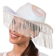 Cowboyhat Hvid Skinnende med Frynser