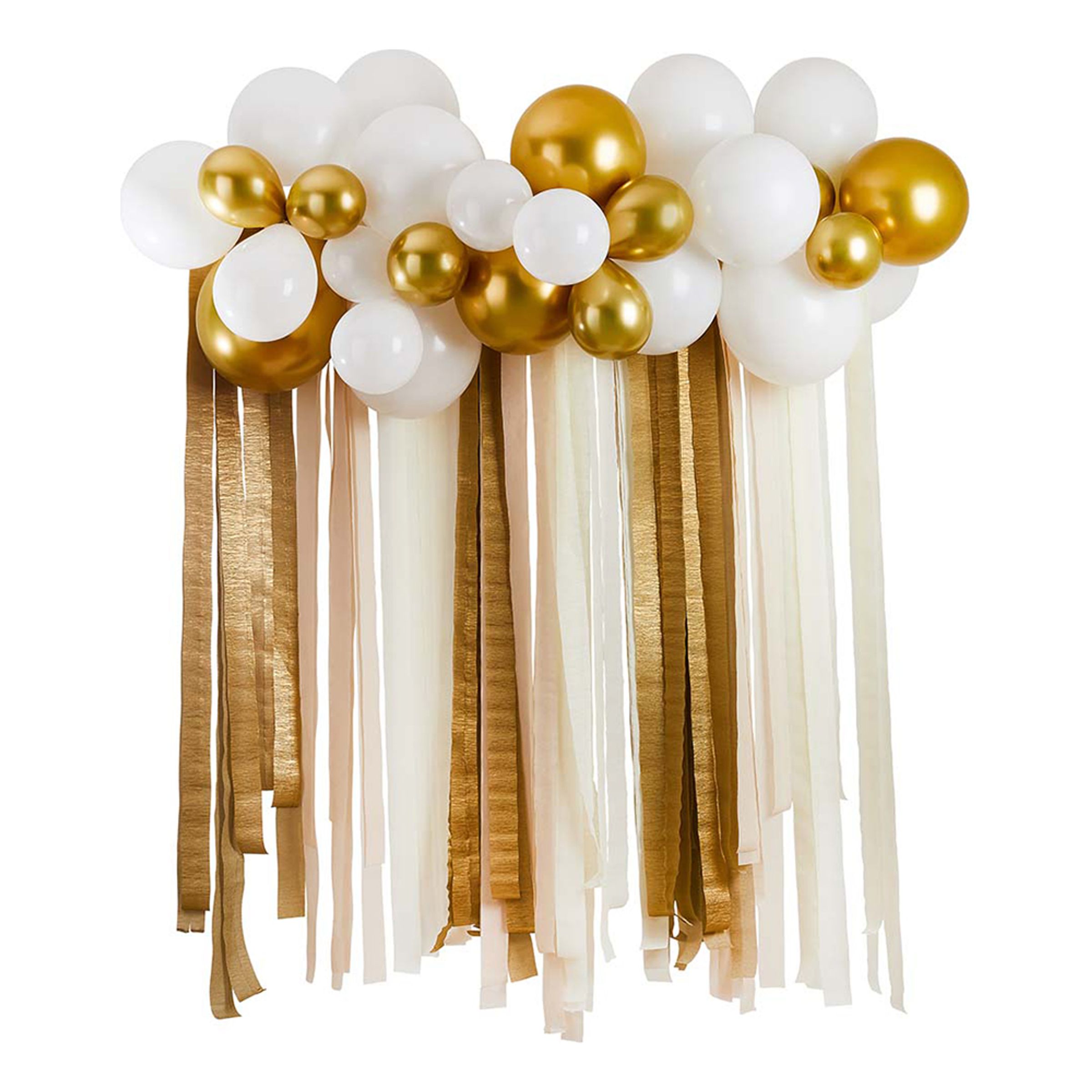 Ballongbåge med Streamers Vit/Guld Metallic