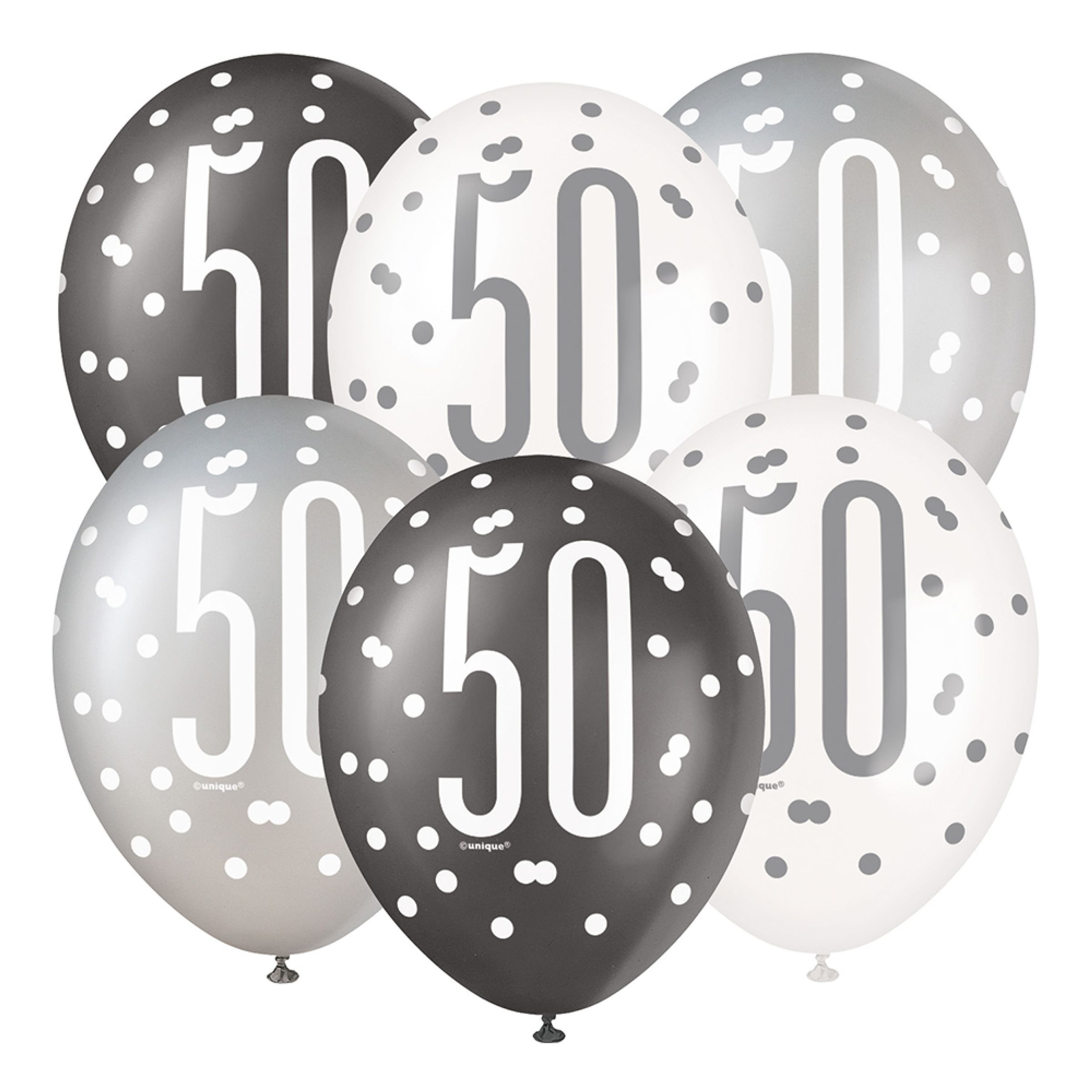 Balloner 50 Sort/Hvid/Sølv - 6-pak
