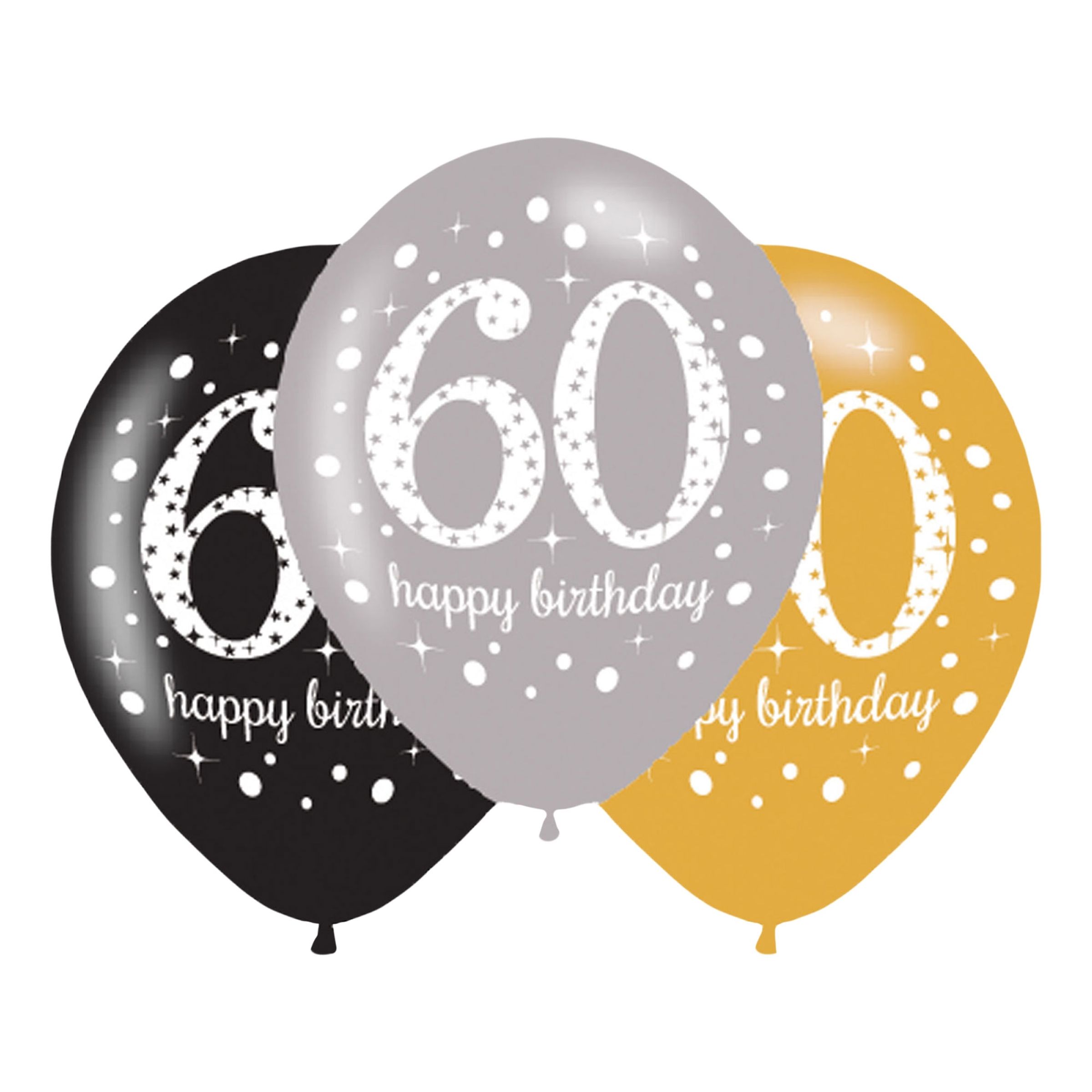 Läs mer om Ballonger 60 Silver/Svart Happy Birthday - 6-pack