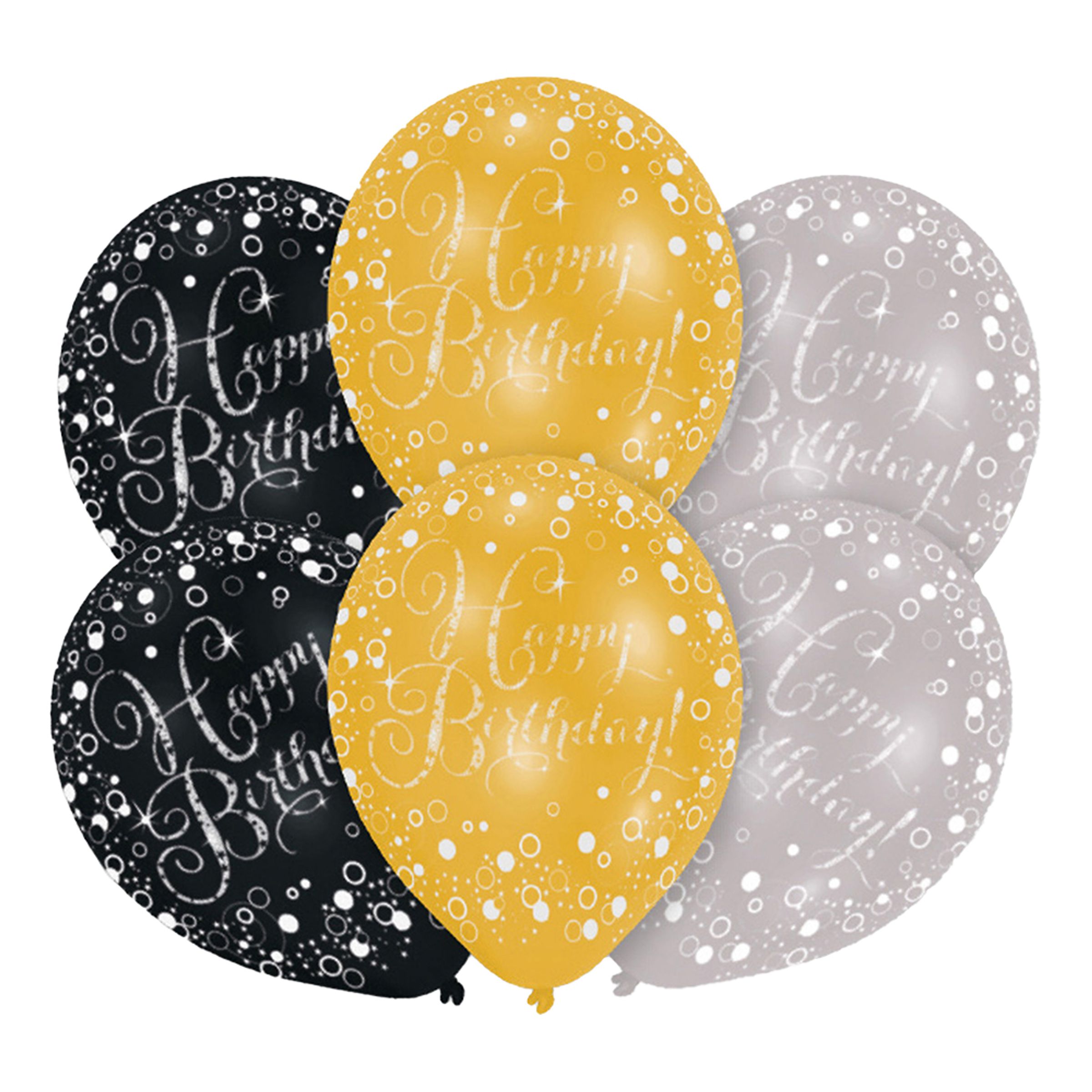 Läs mer om Ballonger Happy Birthday Guld/Silver/Svart - 6-pack