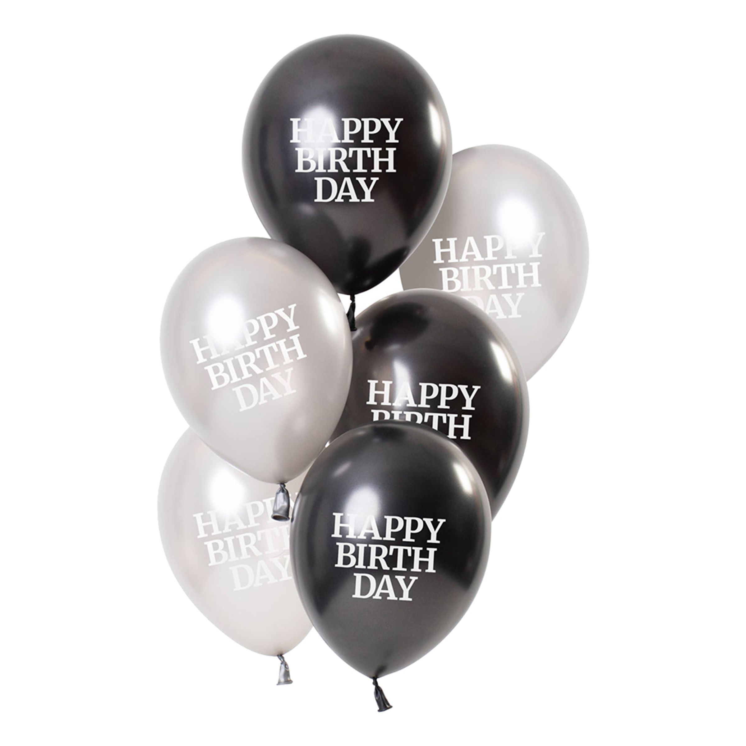 Läs mer om Ballonger Vit/Svart Happy Birthday - 6-pack