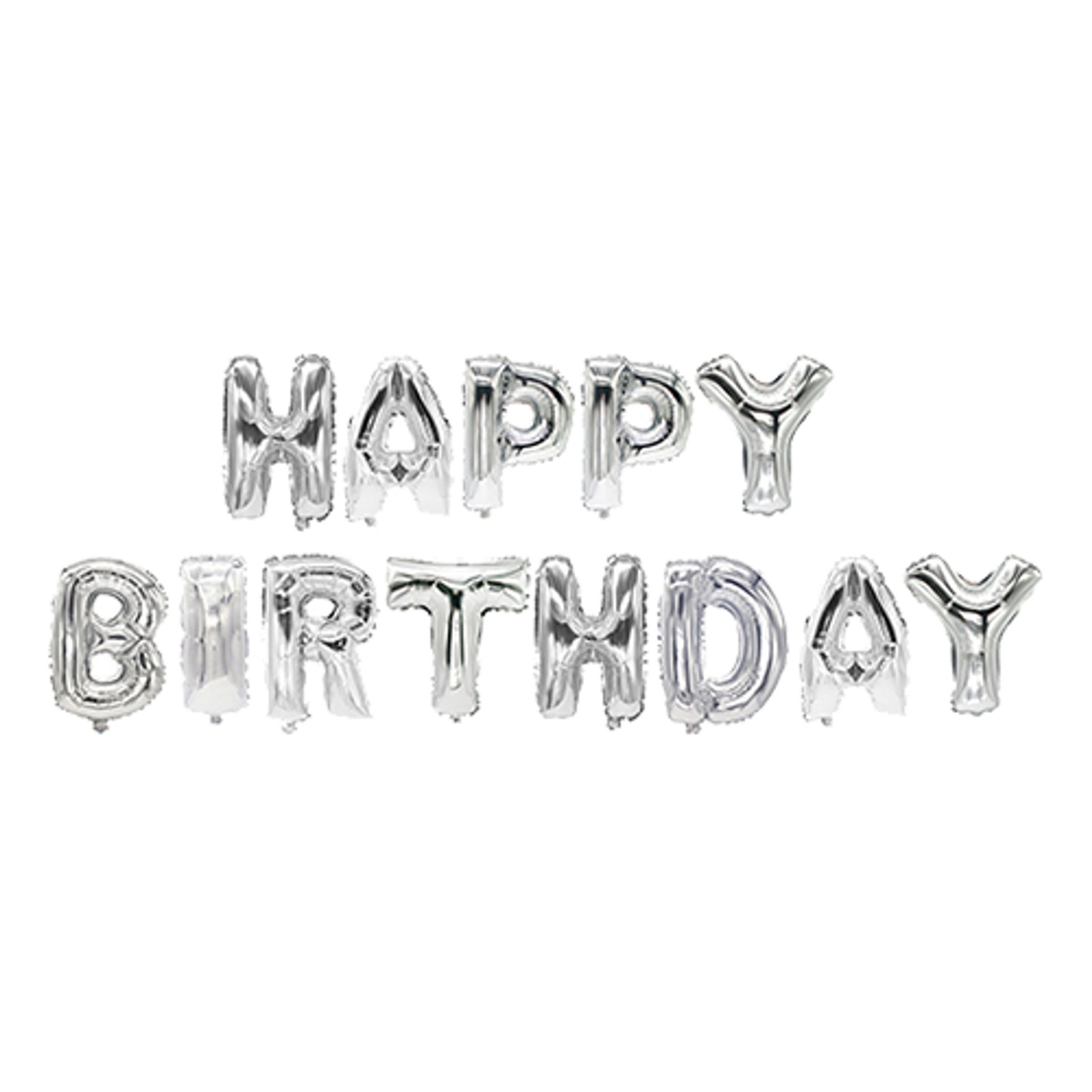 Läs mer om Bokstavsballong Happy Birthday Silver