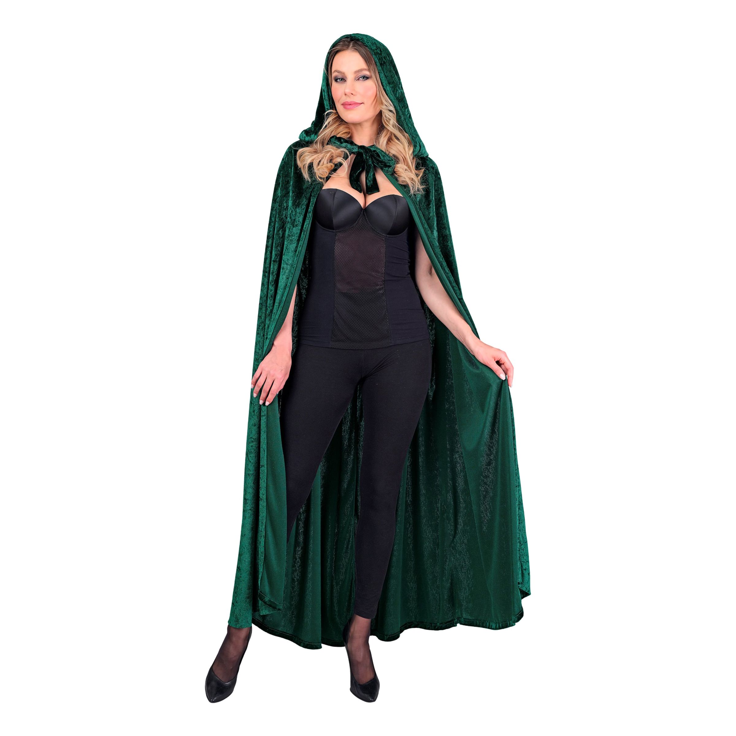 Cape med Huva Sammet Grön - One size | Hem - Maskerad - Tillbehör - Mantel & Capes | Party Outlet