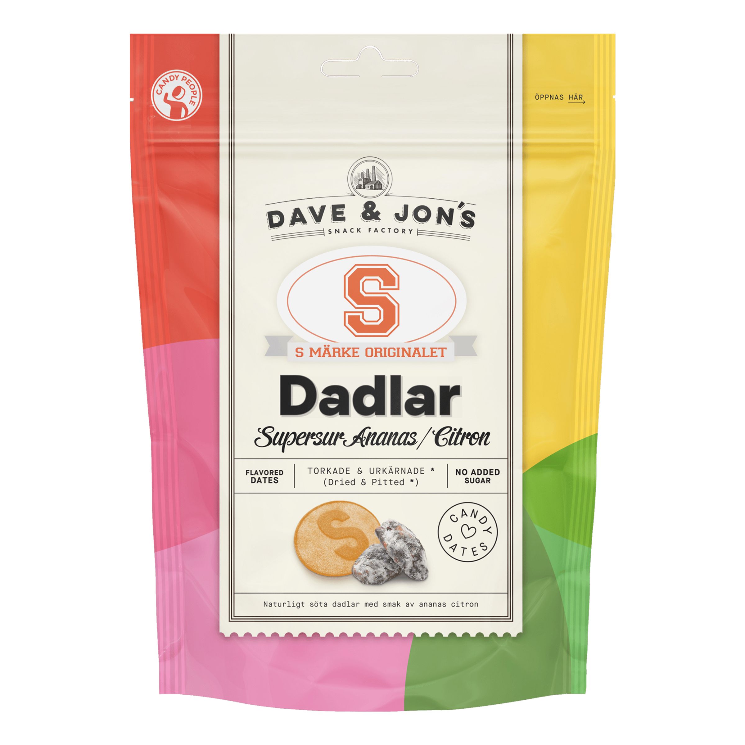 Dave & Jons Dadlar S-Märke Supersur - 125 gram | Hem - Godis & Läsk - Skafferi - Mellanmål & Snacks | Pryloteket