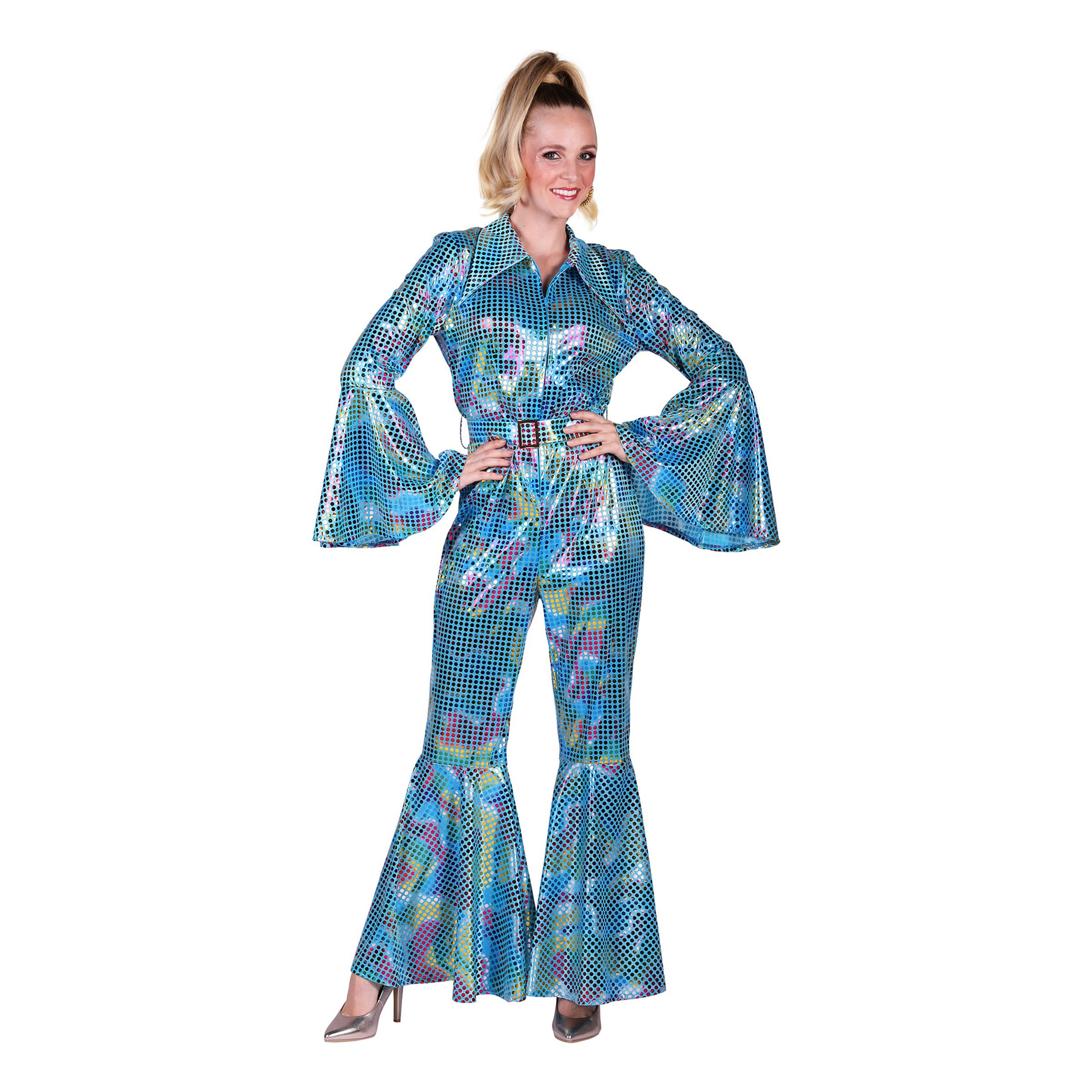 Disco Jumpsuit Turkos/Färgskimrande Maskeraddräkt - Medium | Hem - Maskerad - Maskeraddräkter - Damdräkter | Pryloteket