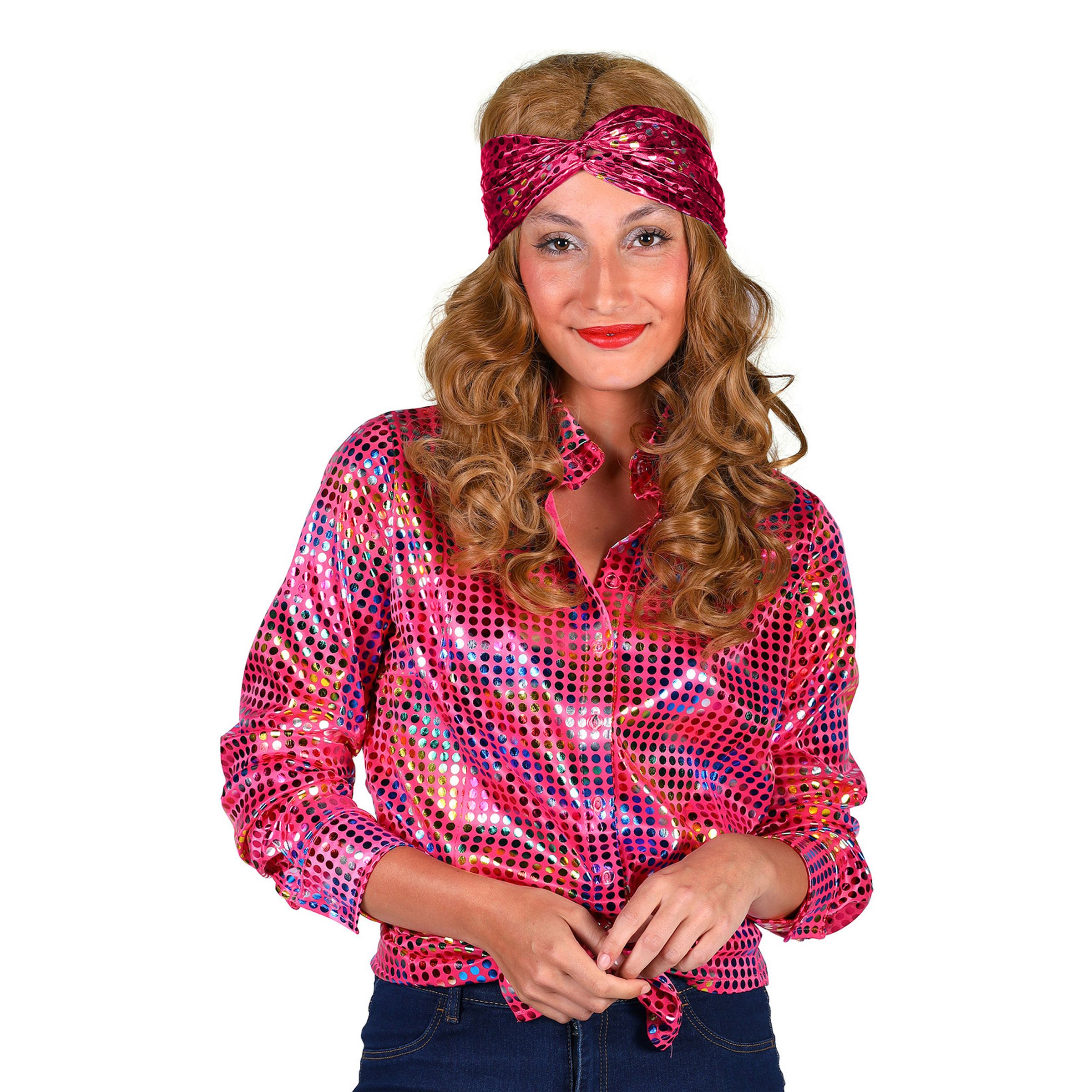 Disco Skjorta Dam Rosa/Färgskimrande - XX-Large | Hem - Maskerad - Maskeraddräkter - 70-Tals Kläder | Pryloteket
