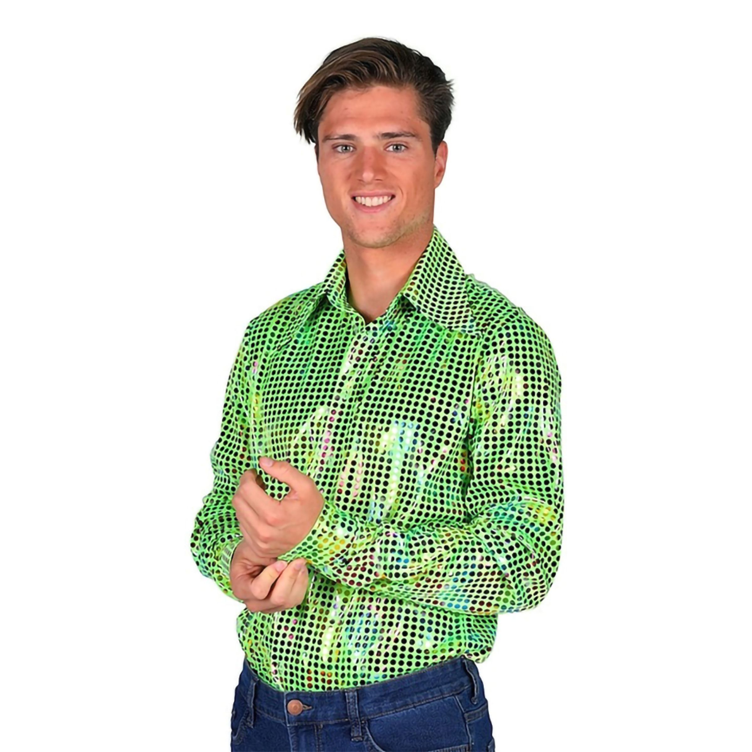 Disco Skjorta Herr Grön/Färgskimrande - Small | Hem - Maskerad - Maskeraddräkter - 70-Tals Kläder | Pryloteket