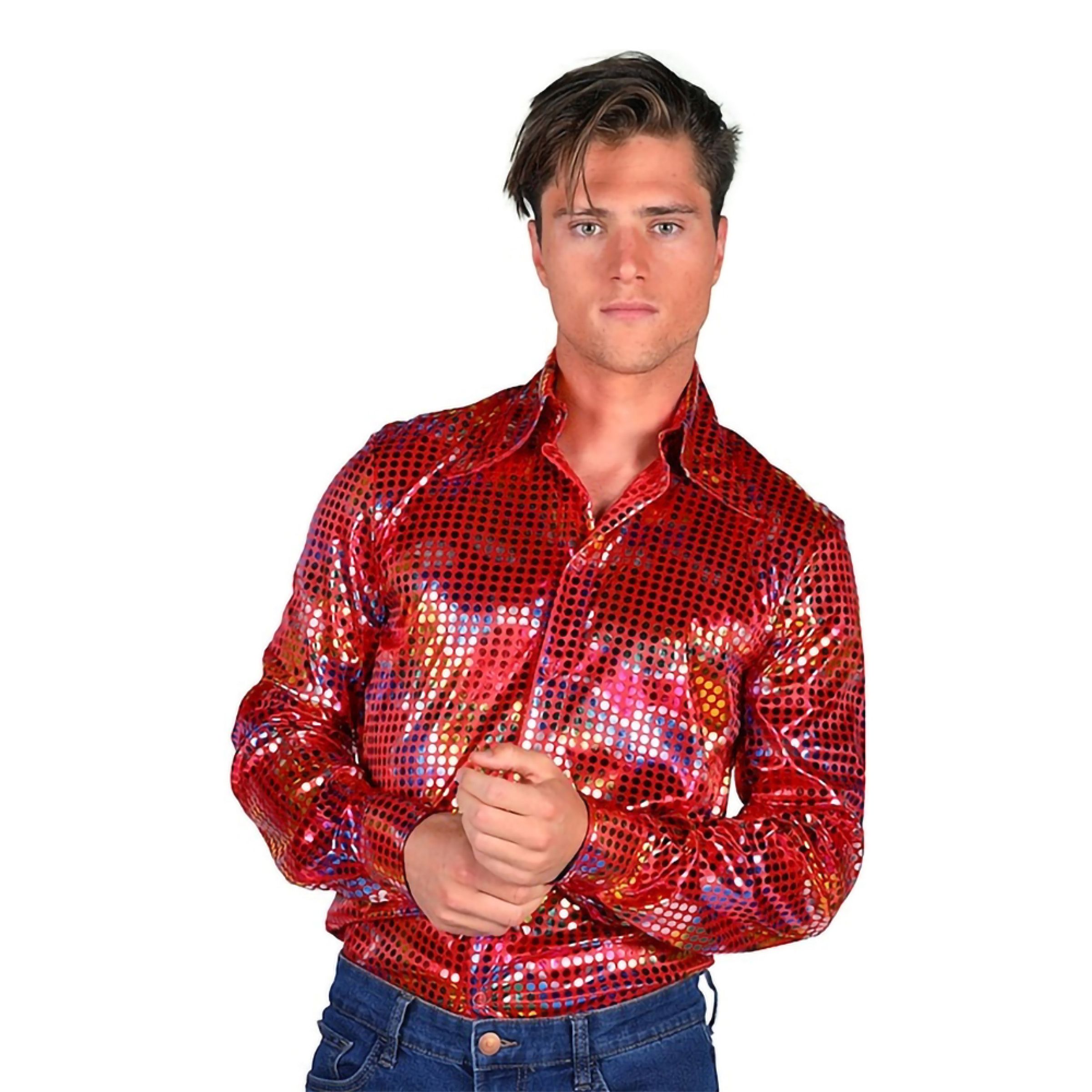 Disco Skjorta Herr Röd/Färgskimrande - XX-Large | Hem - Maskerad - Maskeraddräkter - Plus-size dräkter | Pryloteket