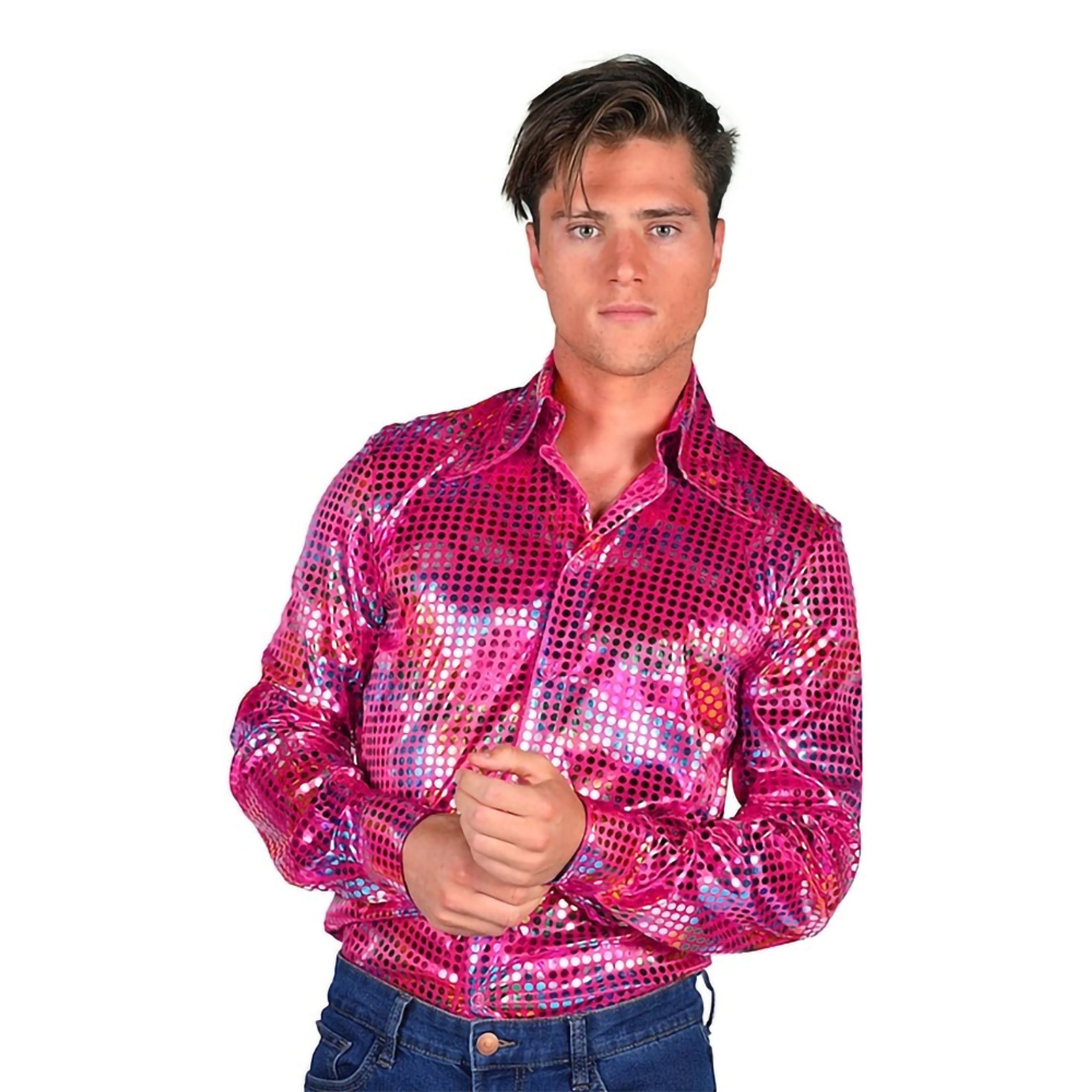 Disco Skjorta Herr Rosa/Färgskimrande - XXX-Large | Hem - Maskerad - Maskeraddräkter - 70-Tals Kläder | Pryloteket