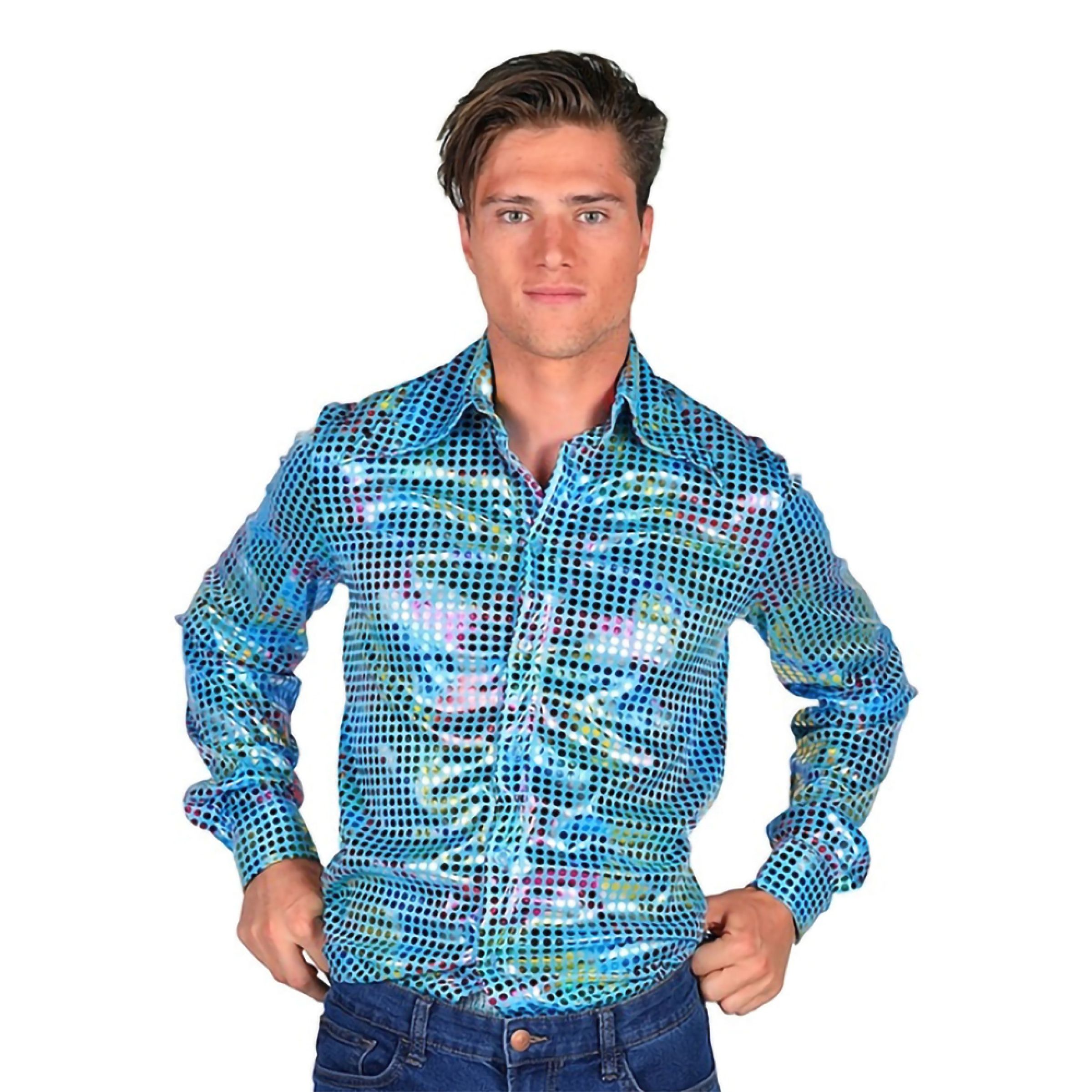 Disco Skjorta Herr Turkos/Färgskimrande - Medium | Hem - Maskerad - Maskeraddräkter - 70-Tals Kläder | Pryloteket