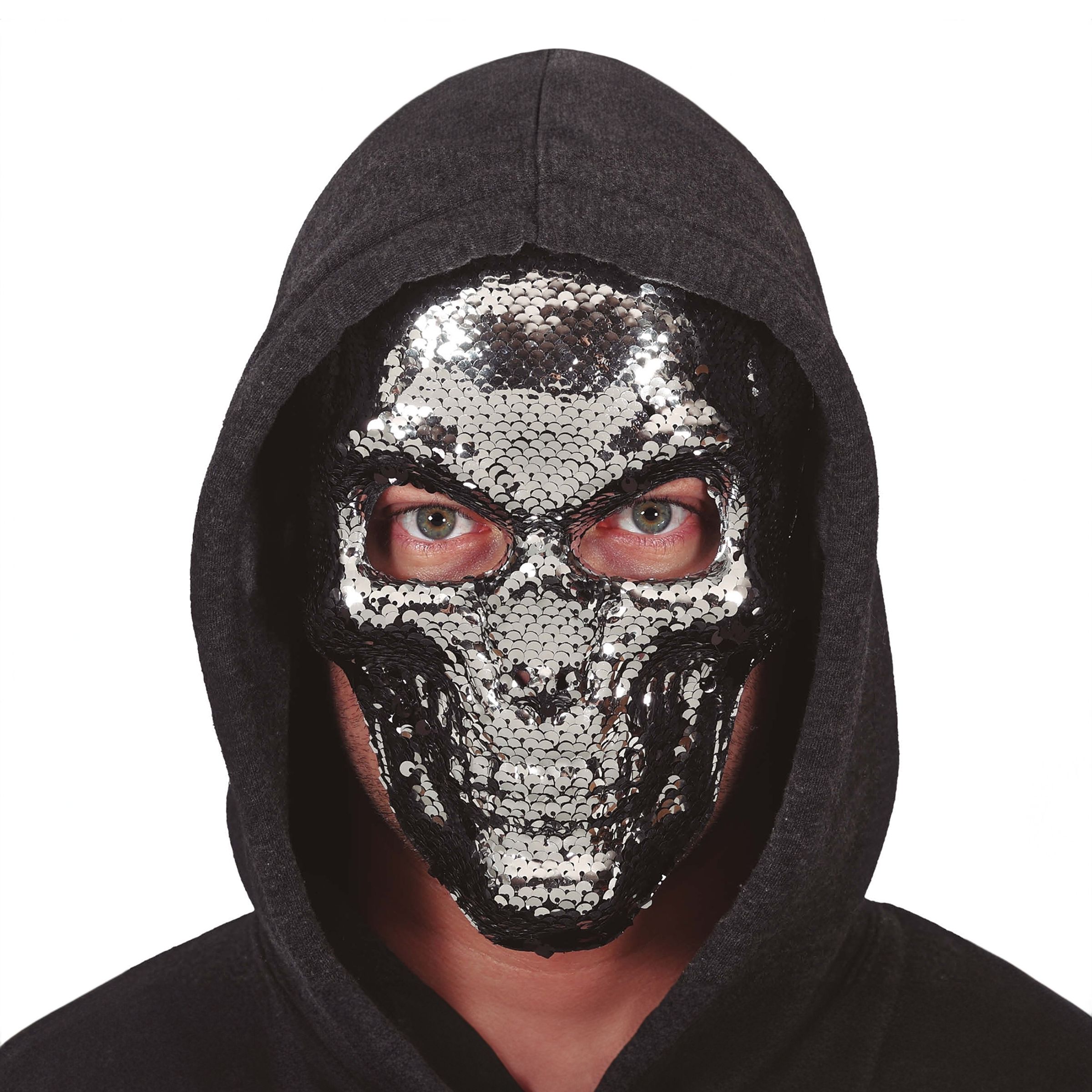 Läs mer om Dödskalle Silver med Paljetter Mask - One size