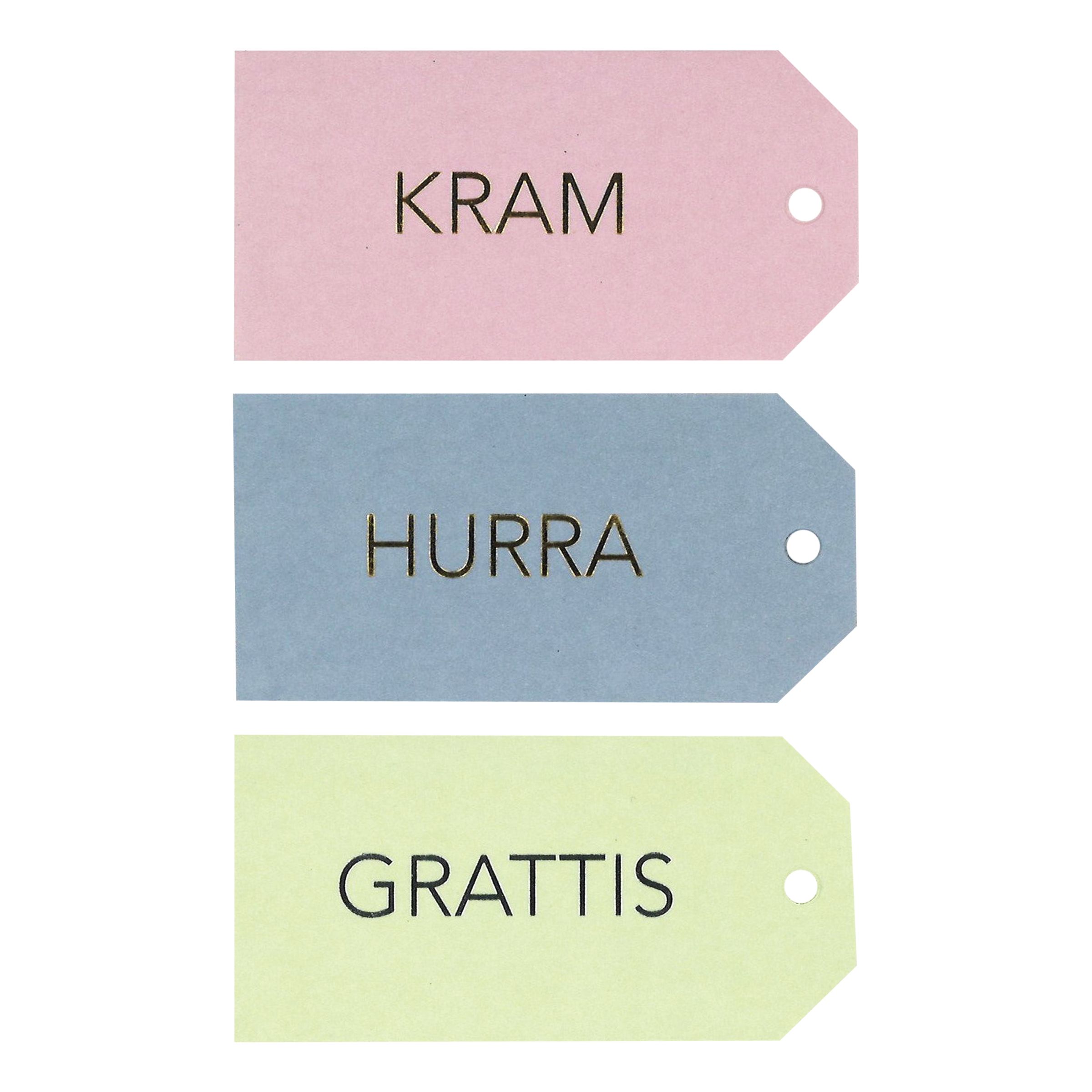 Hängetiketter Grattis/Kram/Hurra - 18-pack | Hem - Festartiklar - Presentinslagning | Pryloteket