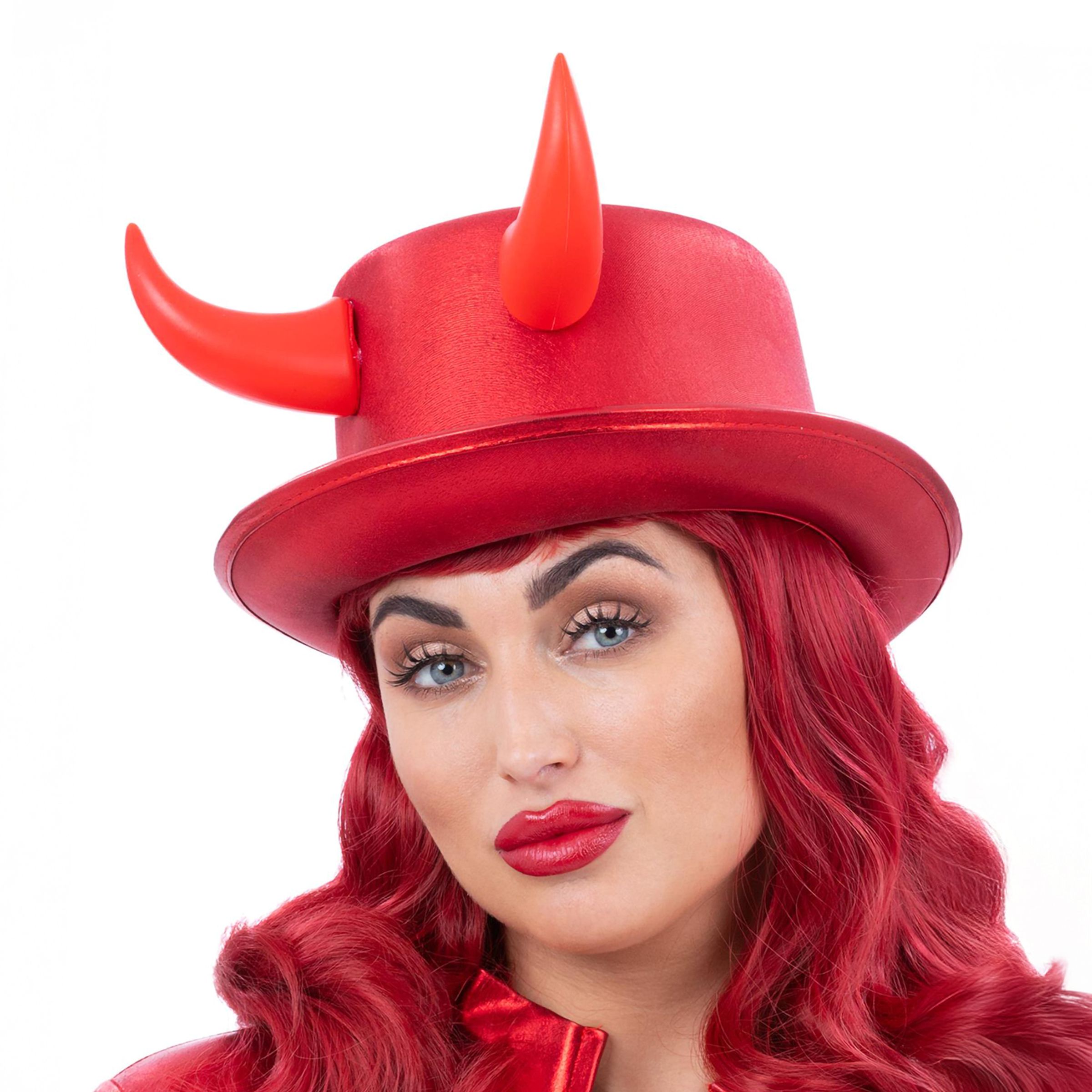 Höghatt med Djävulshorn Metallic Röd - One size | Hem - Maskerad - Hattar - Vuxenhattar | Pryloteket