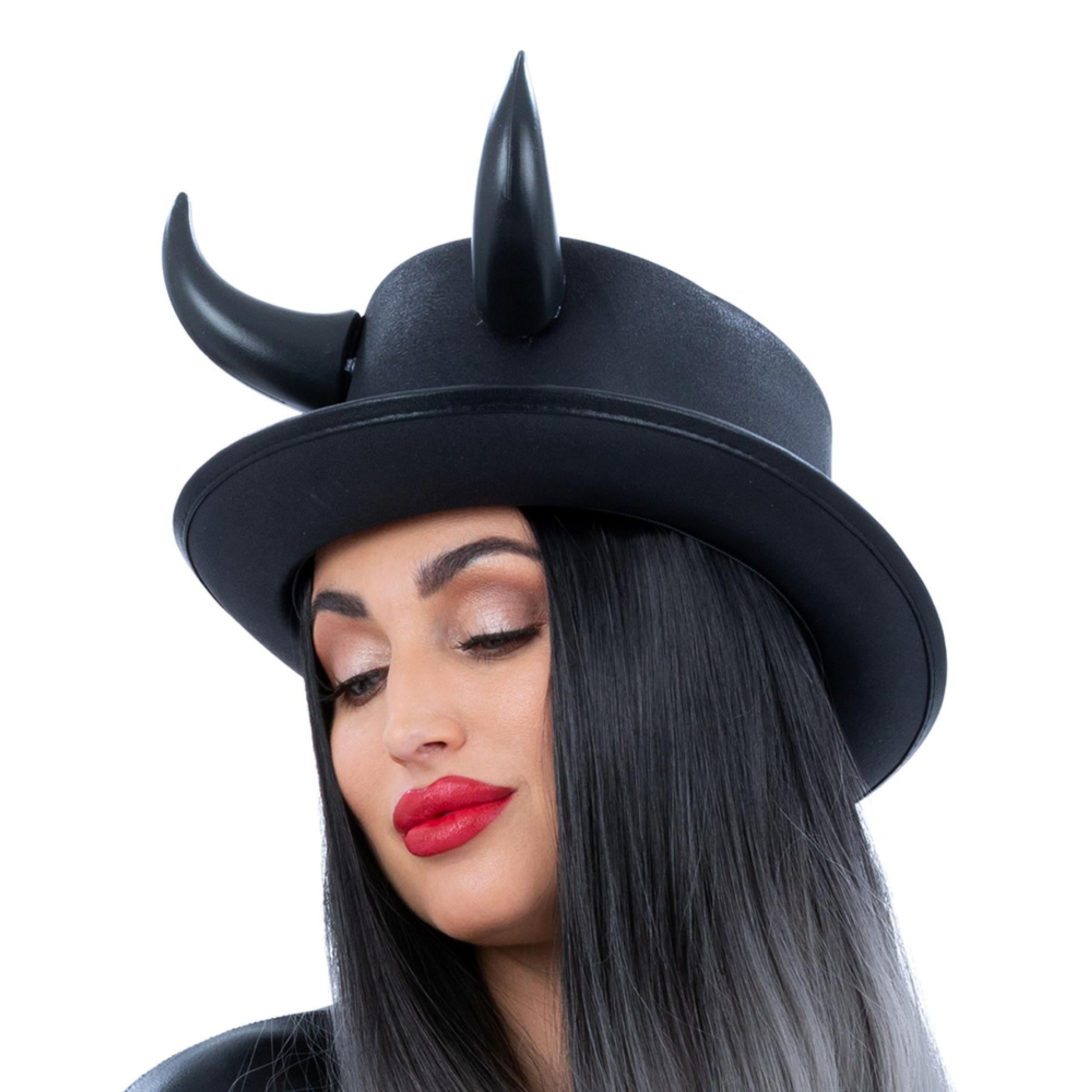 Höghatt med Djävulshorn Metallic Svart - One size | Hem - Maskerad - Hattar - Vuxenhattar | Pryloteket