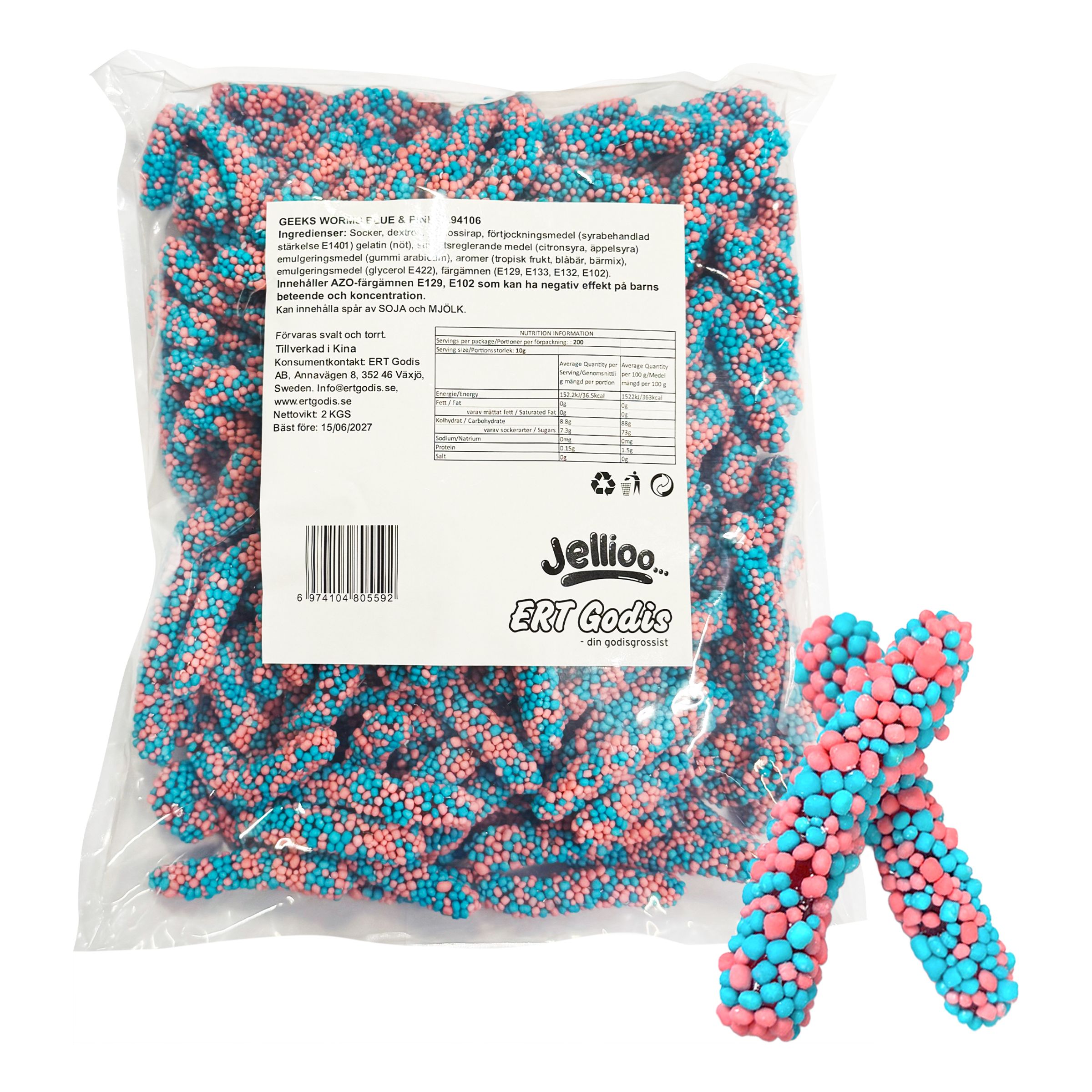 Jellioo Geeks Worms Blue & Pink Storpack - 2 kg | Hem - Godis & Läsk - Godis - Gelégodis | Party Outlet