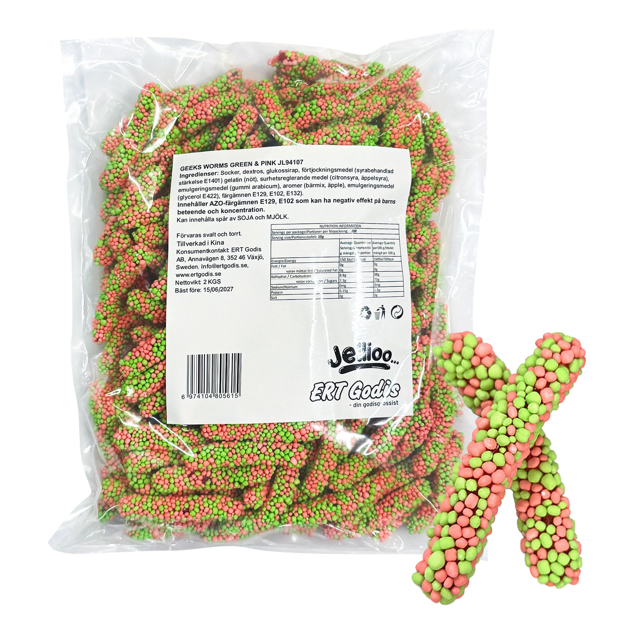 Jellioo Geeks Worms Green & Pink Storpack - 2 kg | Hem - Godis & Läsk - Godis - Gelégodis | Party Outlet
