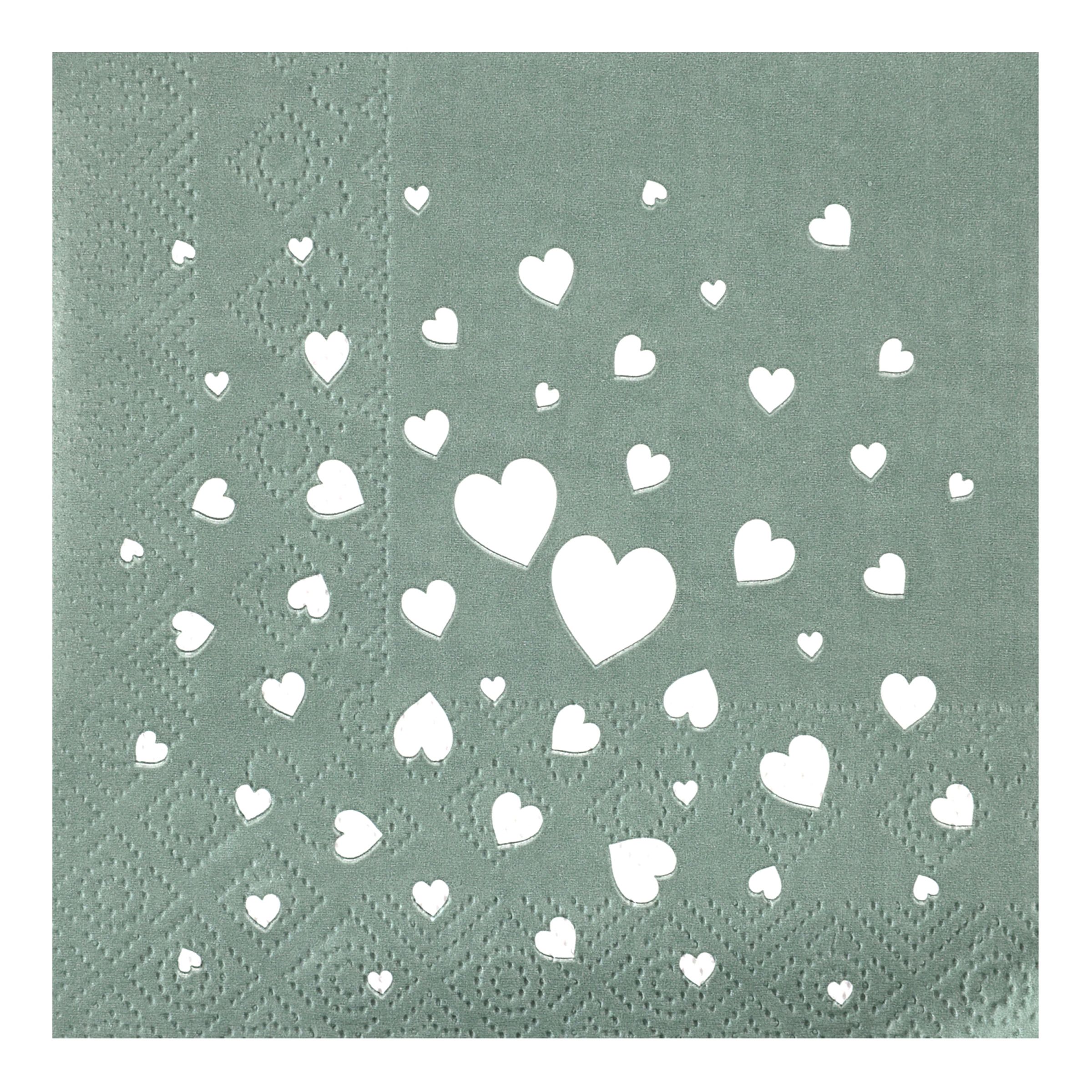 Kaffeservetter Hjärtan Dusty Green - 12-pack | Hem - Festartiklar - Dukning - Servetter | Pryloteket