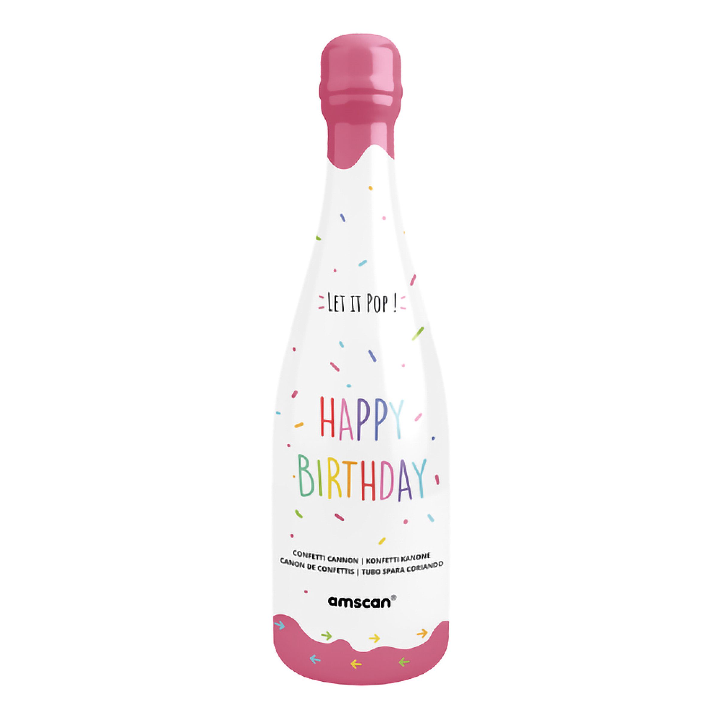 Konfettikanon Flaska Happy Birthday Rosa - 32 cm | Hem - Teman - Färger - Rosa | Pryloteket