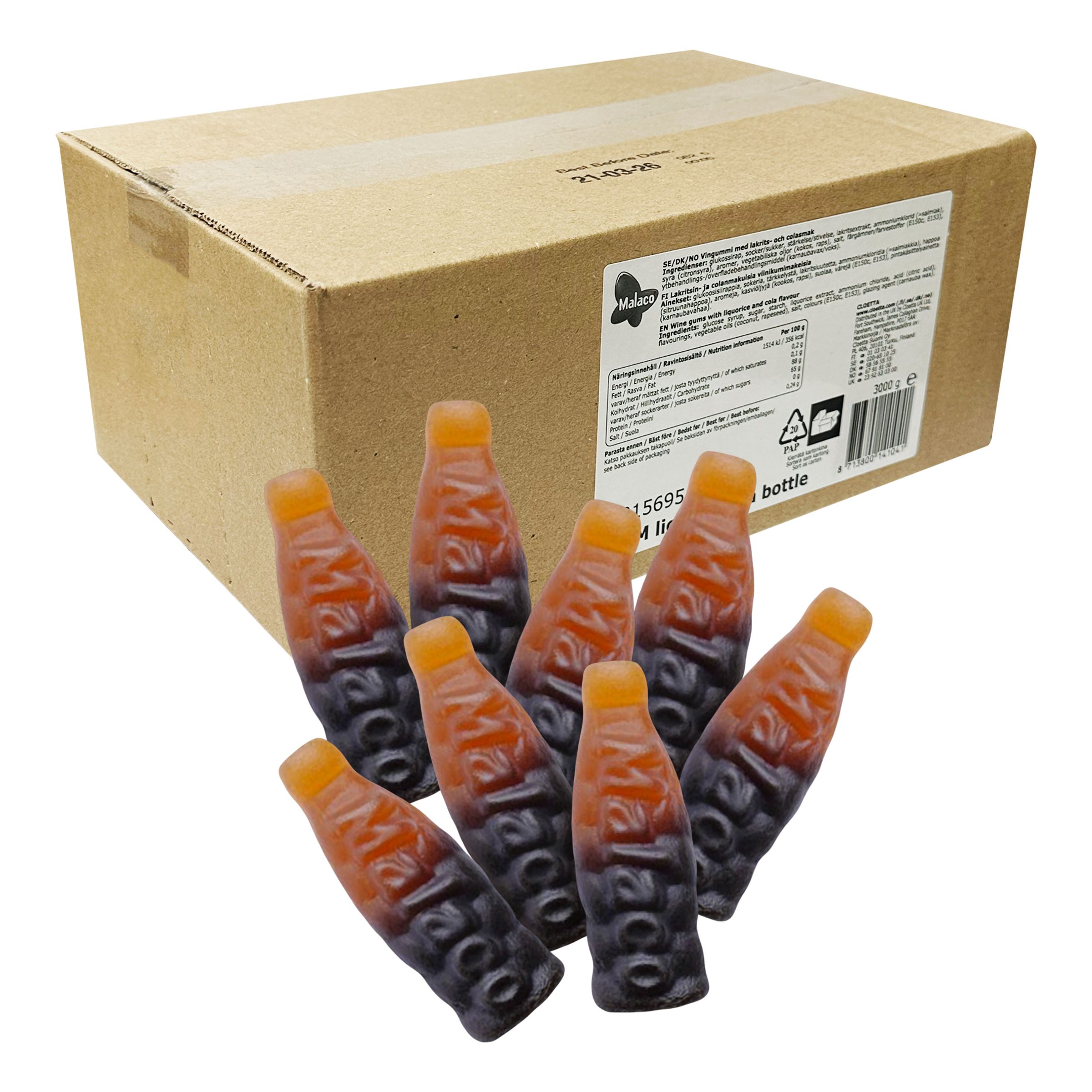 Malaco Mini Cola-Lakridsflaske Økonomipakke - 3 kg