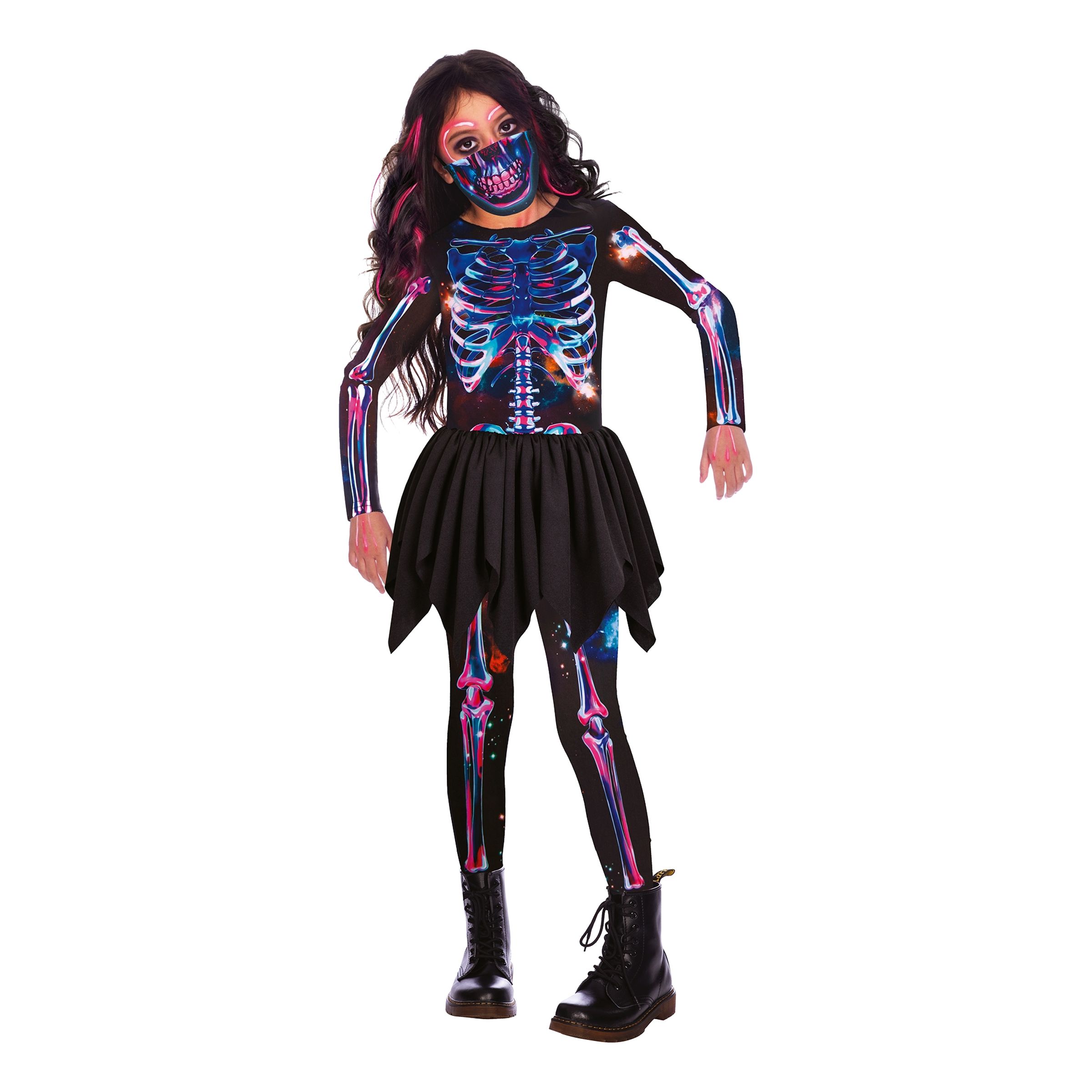 Läs mer om Neon Skelett med Kjol Barn Maskeraddräkt - Medium