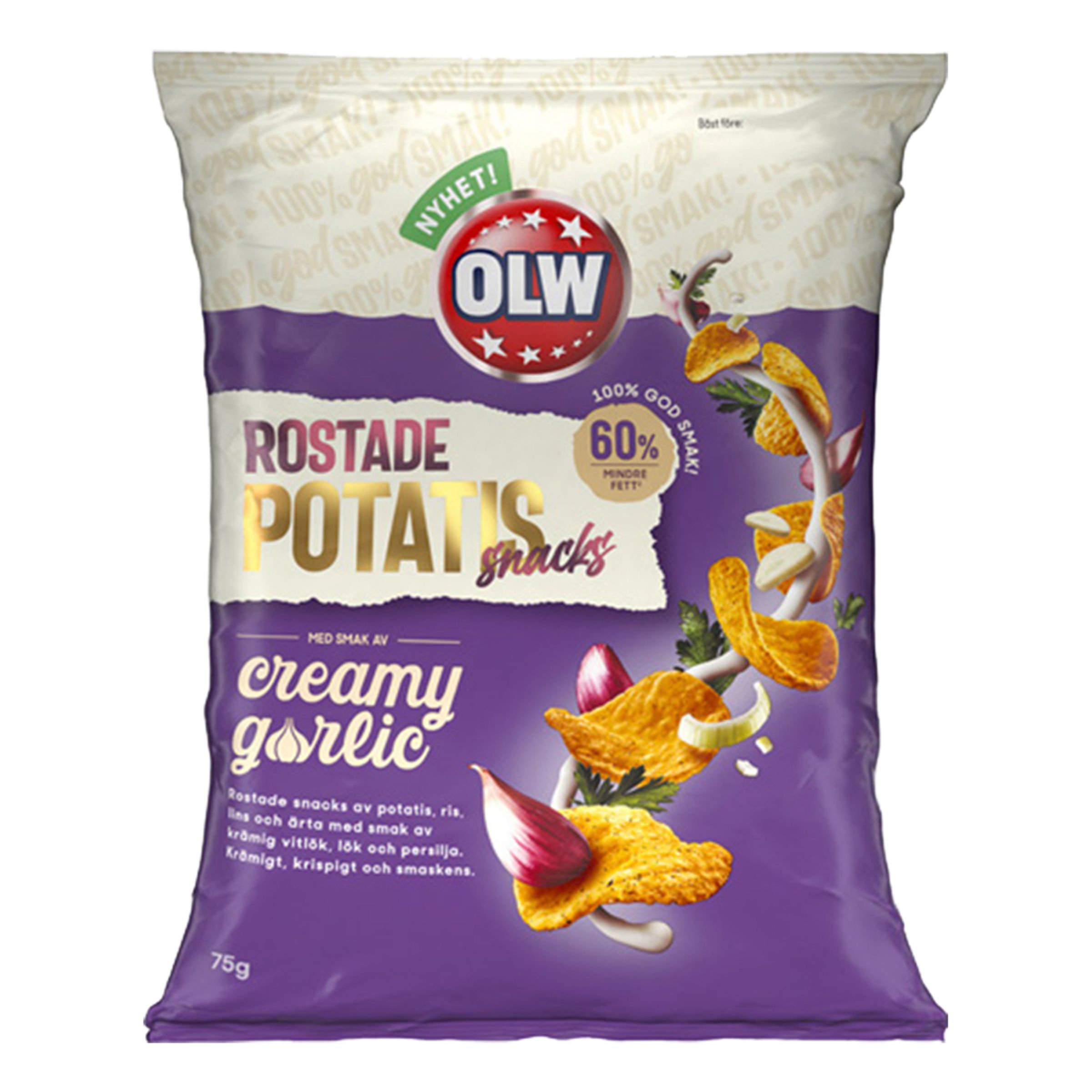 Läs mer om OLW Rostade Potatissnacks Creamy Garlic - 75 gram