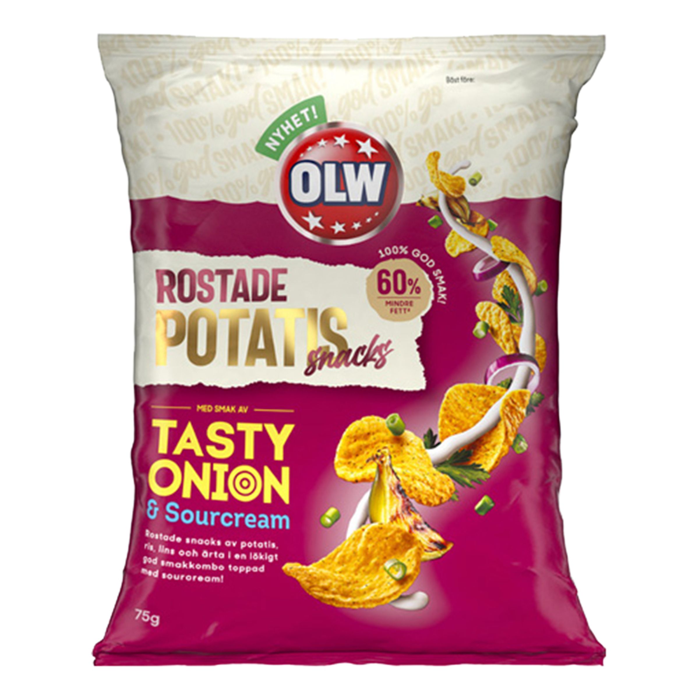 Läs mer om OLW Rostade Potatissnacks Tasty Onion - 75 gram