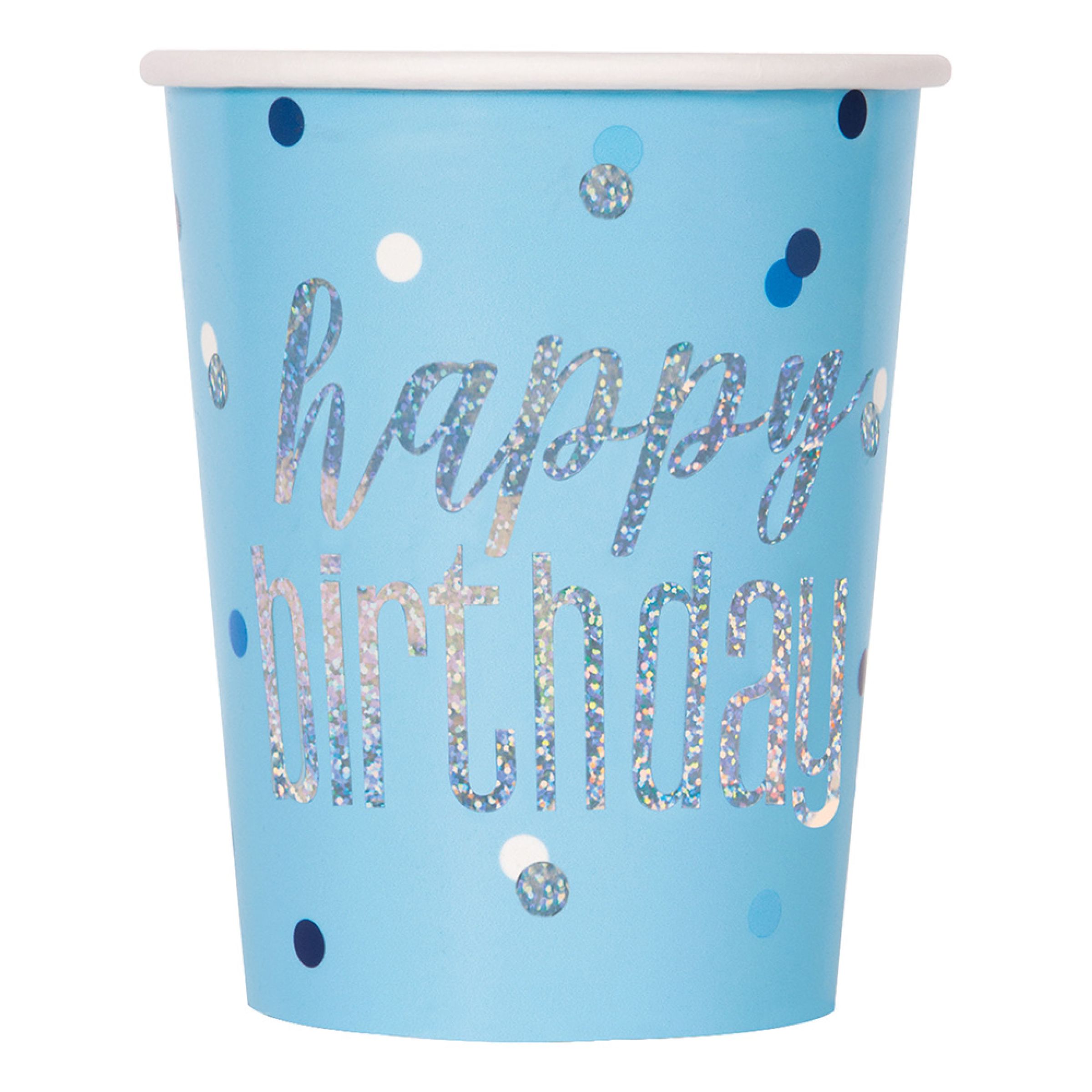 Pappersmuggar Happy Birthday Blå Skimmer - 8-pack | Hem - Festartiklar - Dukning - Engångsmuggar & Glas | Pryloteket