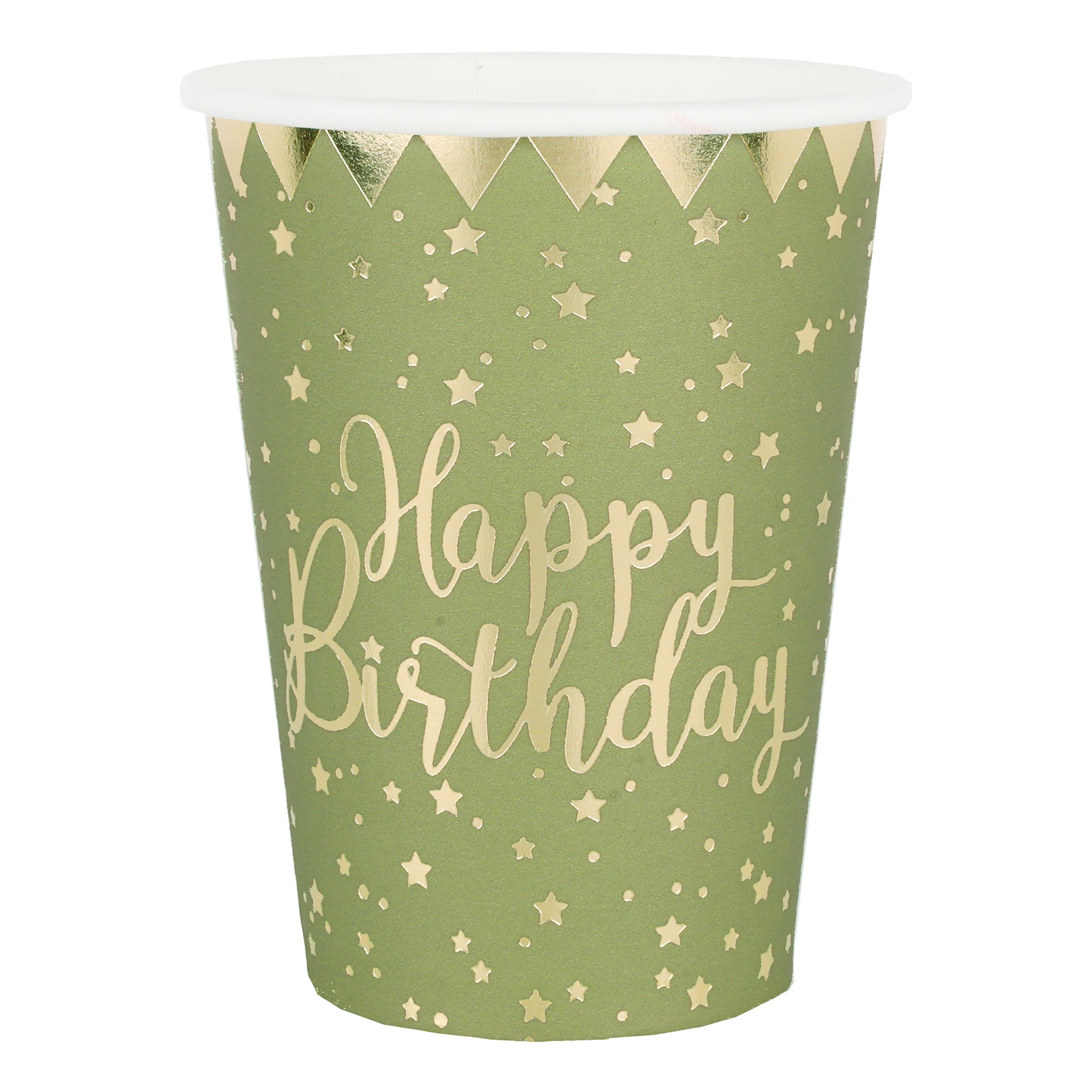 Pappersmuggar Happy Birthday Guld/Grön - 10-pack | Hem - Festartiklar - Dukning - Engångsmuggar & Glas | Pryloteket