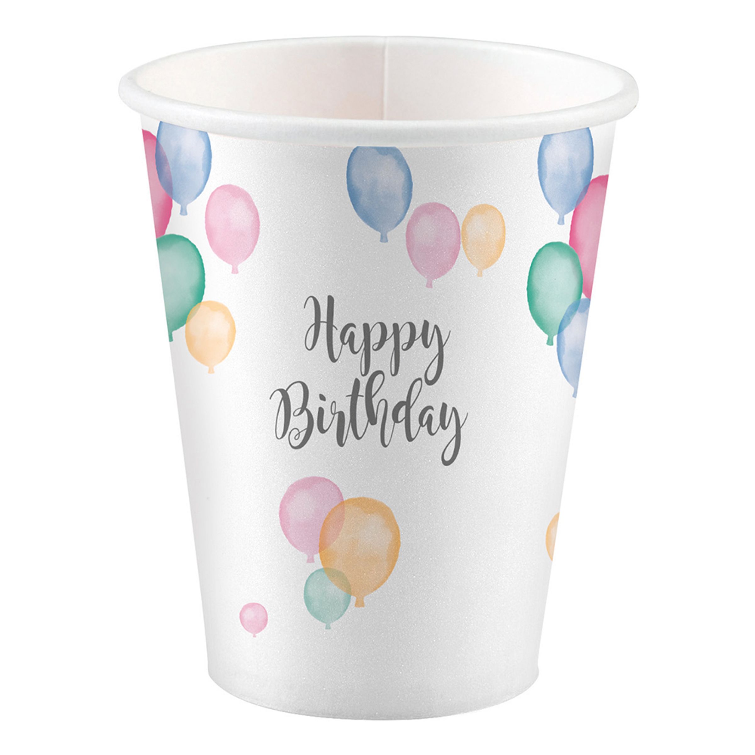 Läs mer om Pappersmuggar Happy Birthday Pastell - 8-pack
