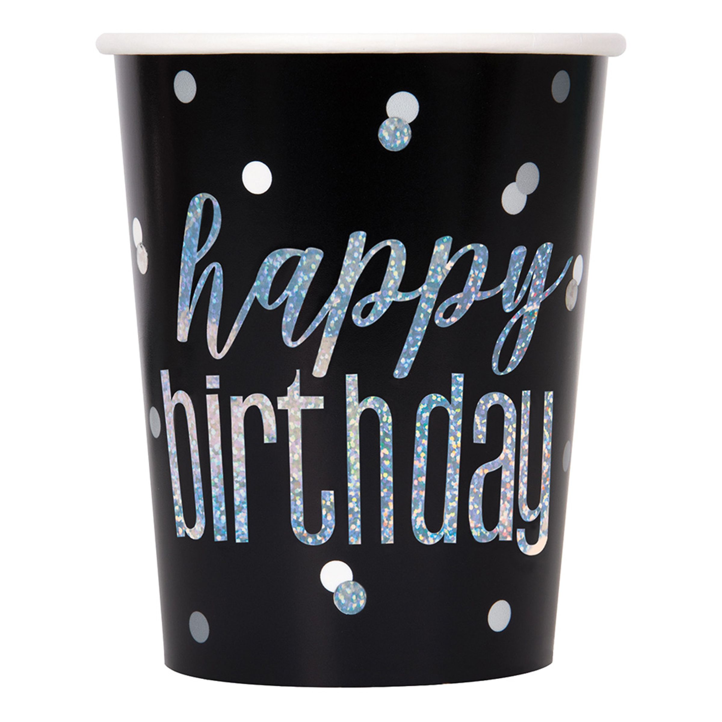 Pappersmuggar Happy Birthday Svart Skimmer - 8-pack | Hem - Festartiklar - Dukning - Engångsmuggar & Glas | Pryloteket