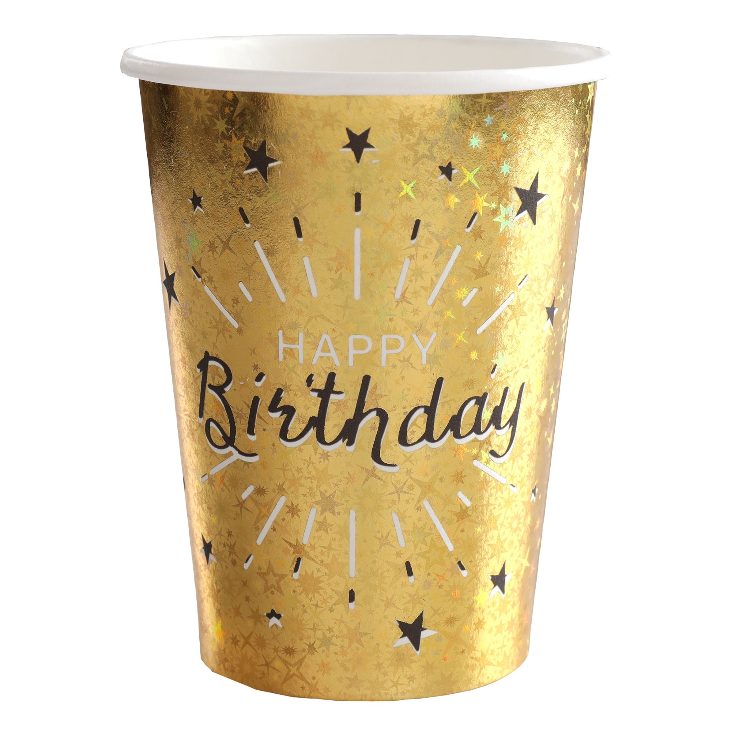 Läs mer om Pappersmuggar Sparkling Happy Birthday Guld - 10-pack