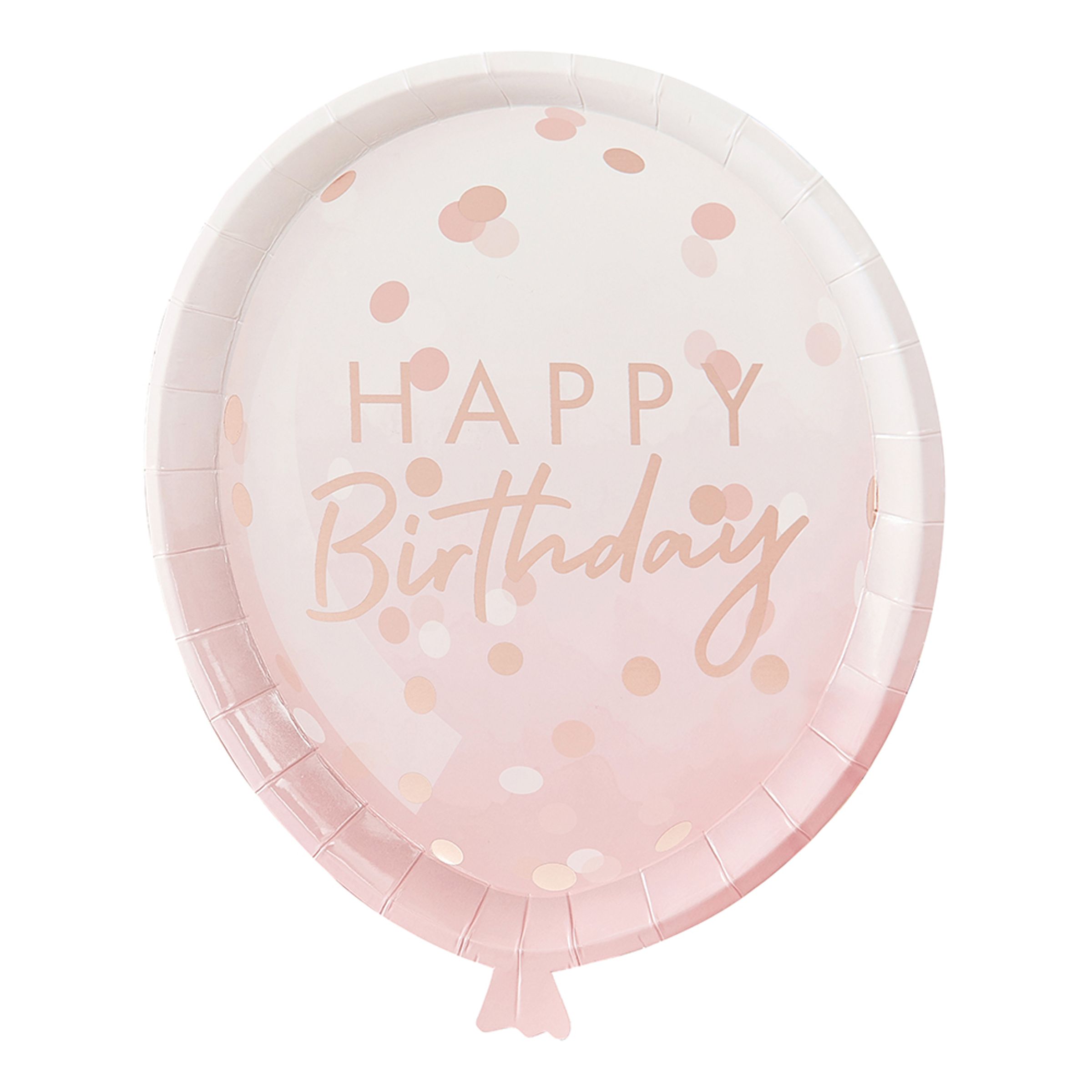 Läs mer om Papperstallrikar Ballongformade Happy Birthday Rosa/Roséguld
