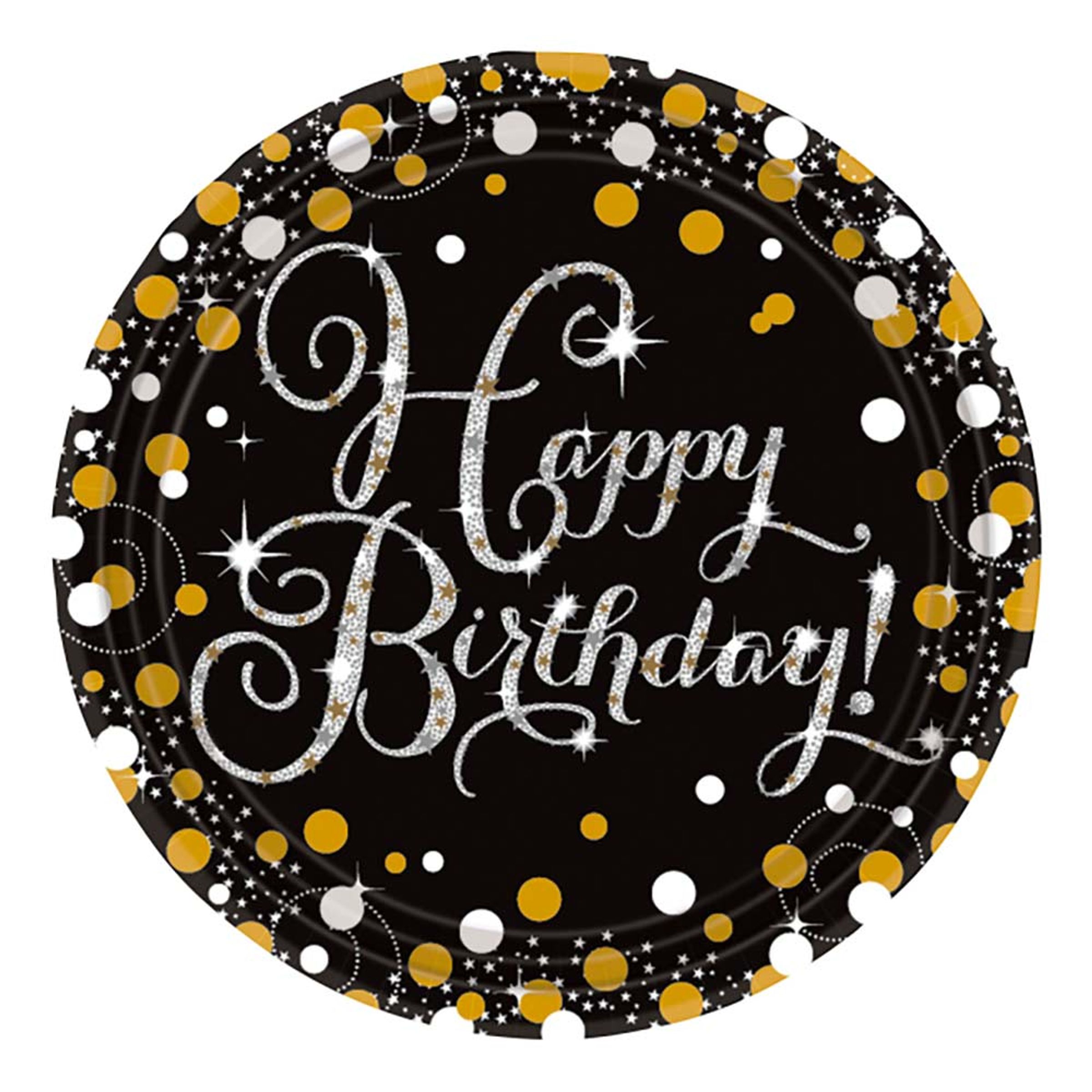 Läs mer om Papperstallrikar Happy Birthday Silver/Guld Glitter - 8-pack