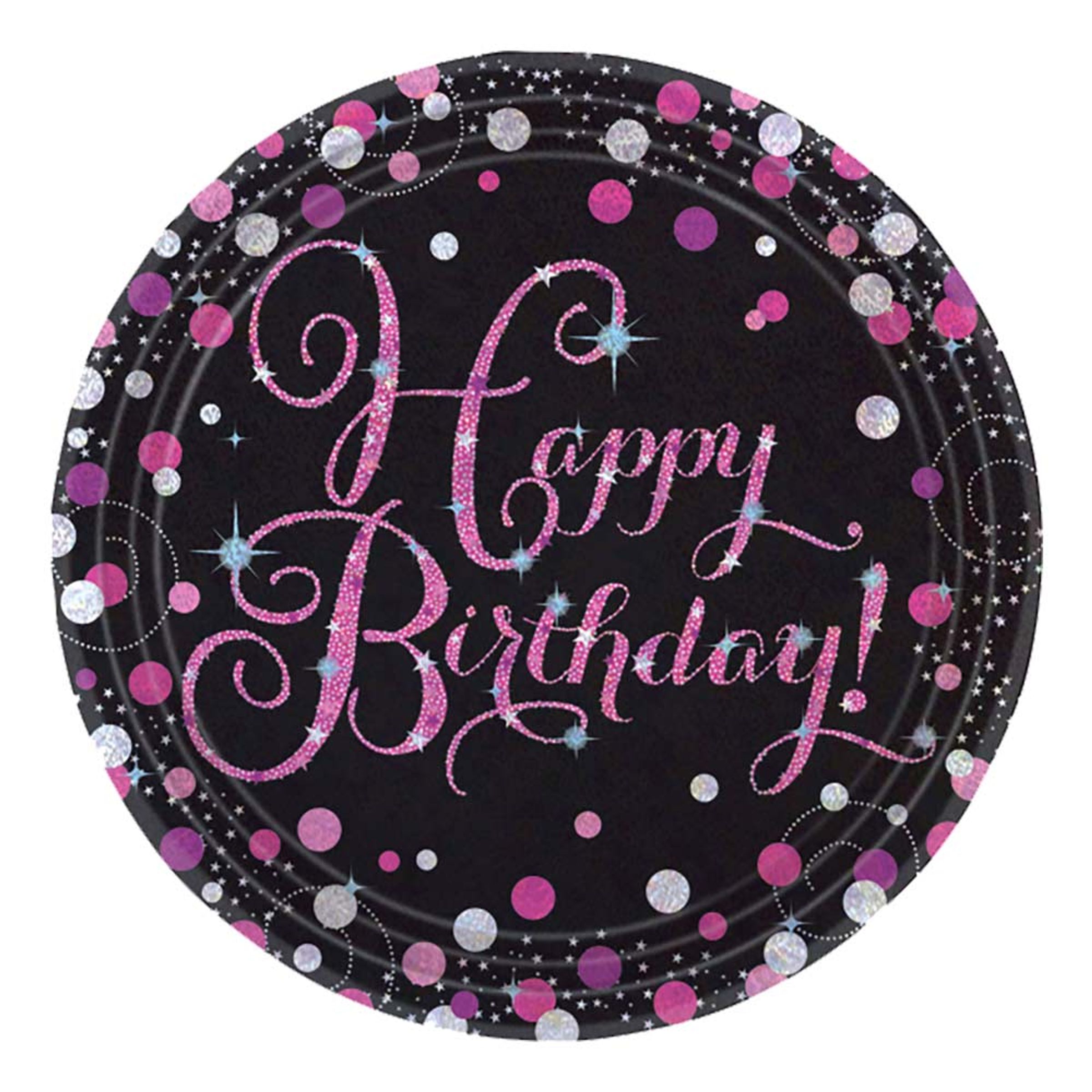 Läs mer om Papperstallrikar Happy Birthday Svart/Rosa Glitter - 8-pack