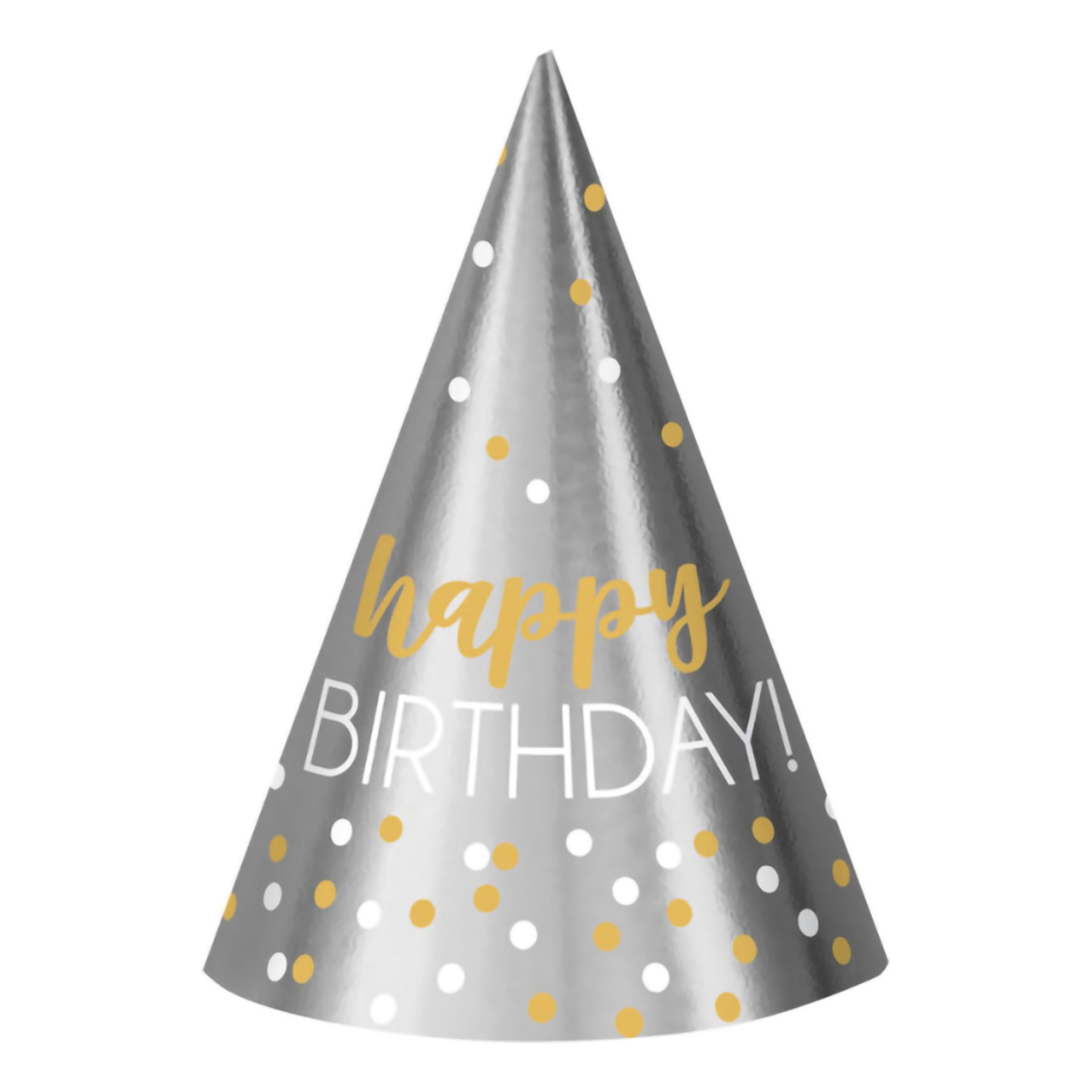 Läs mer om Partyhattar Happy Birthday Silver/Guld - 12-pack